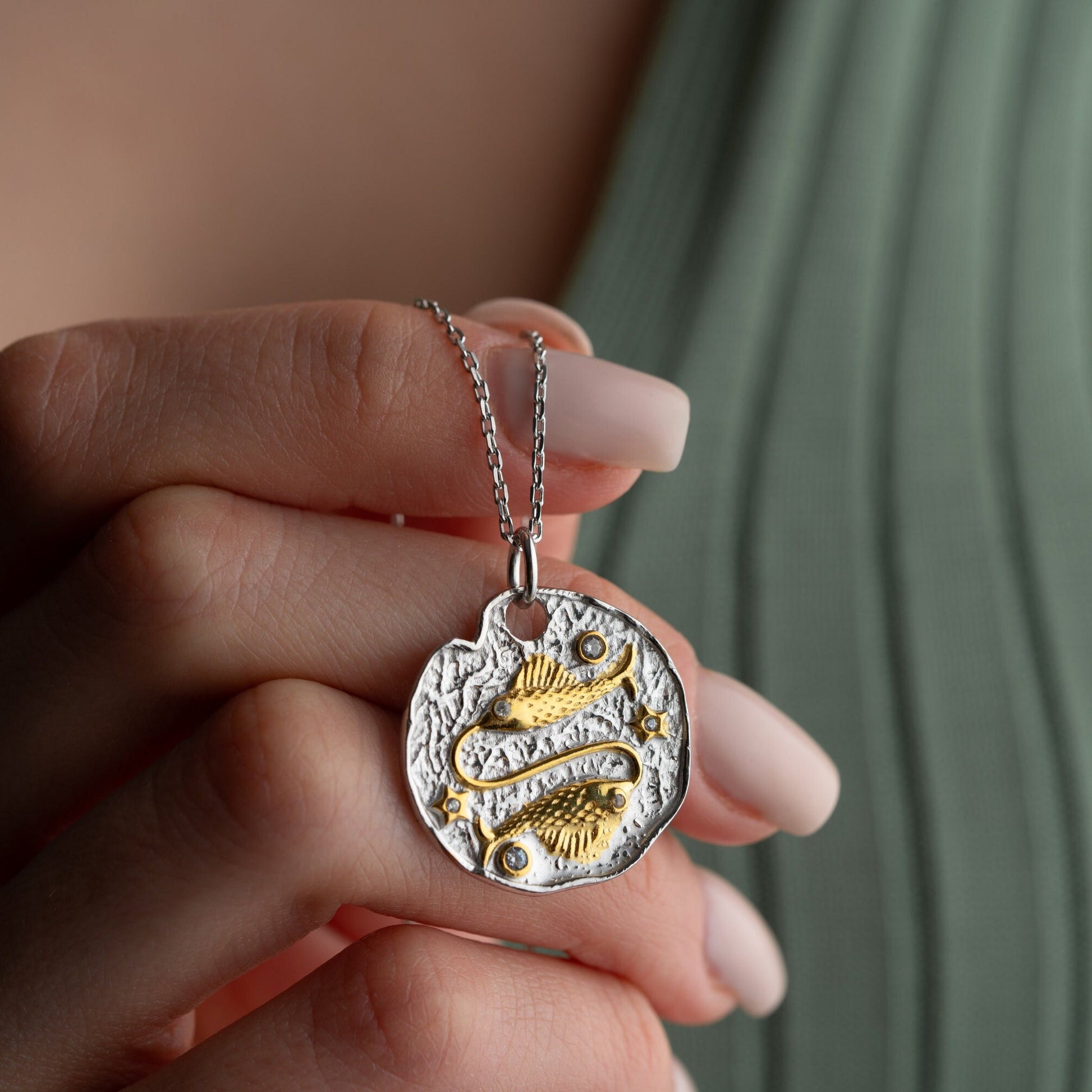 Pisces Zodiac Necklace • 925 Sterling Silver & Gold Plated • Vintage Coin Pendant • Celestial Astrology Jewelry • Horoscope Gift for Her