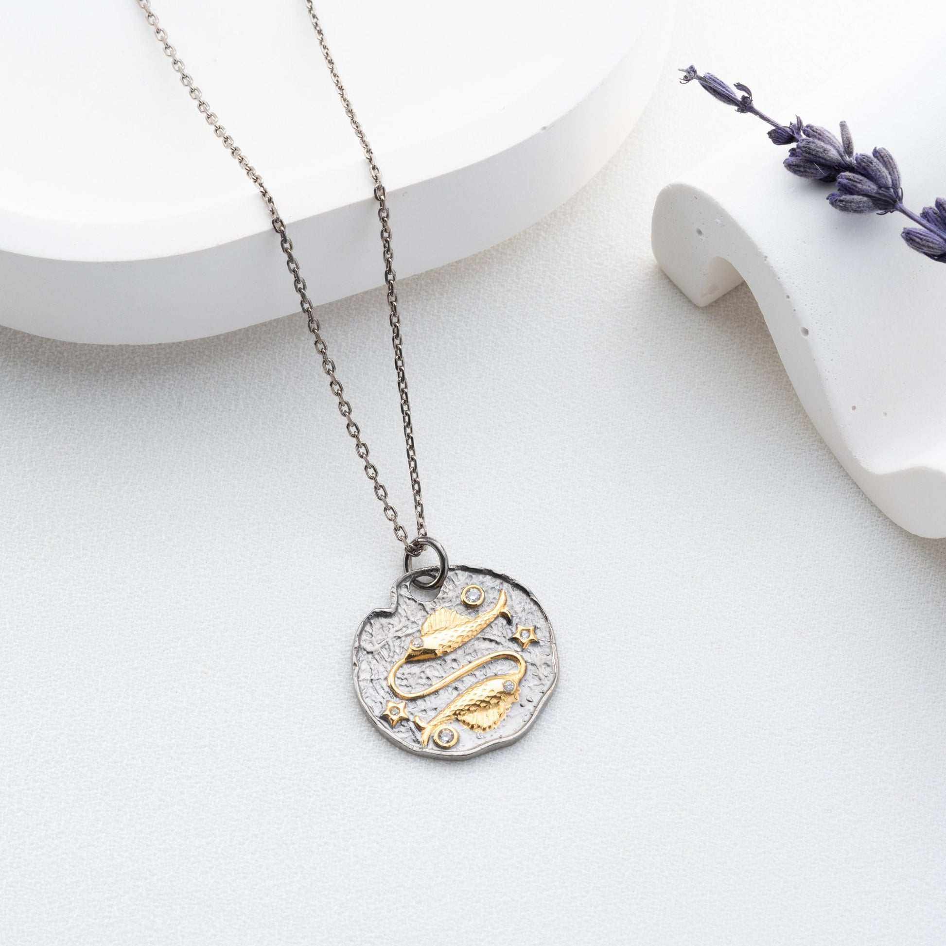 Pisces Zodiac Necklace • 925 Sterling Silver & Gold Plated • Vintage Coin Pendant • Celestial Astrology Jewelry • Horoscope Gift for Her