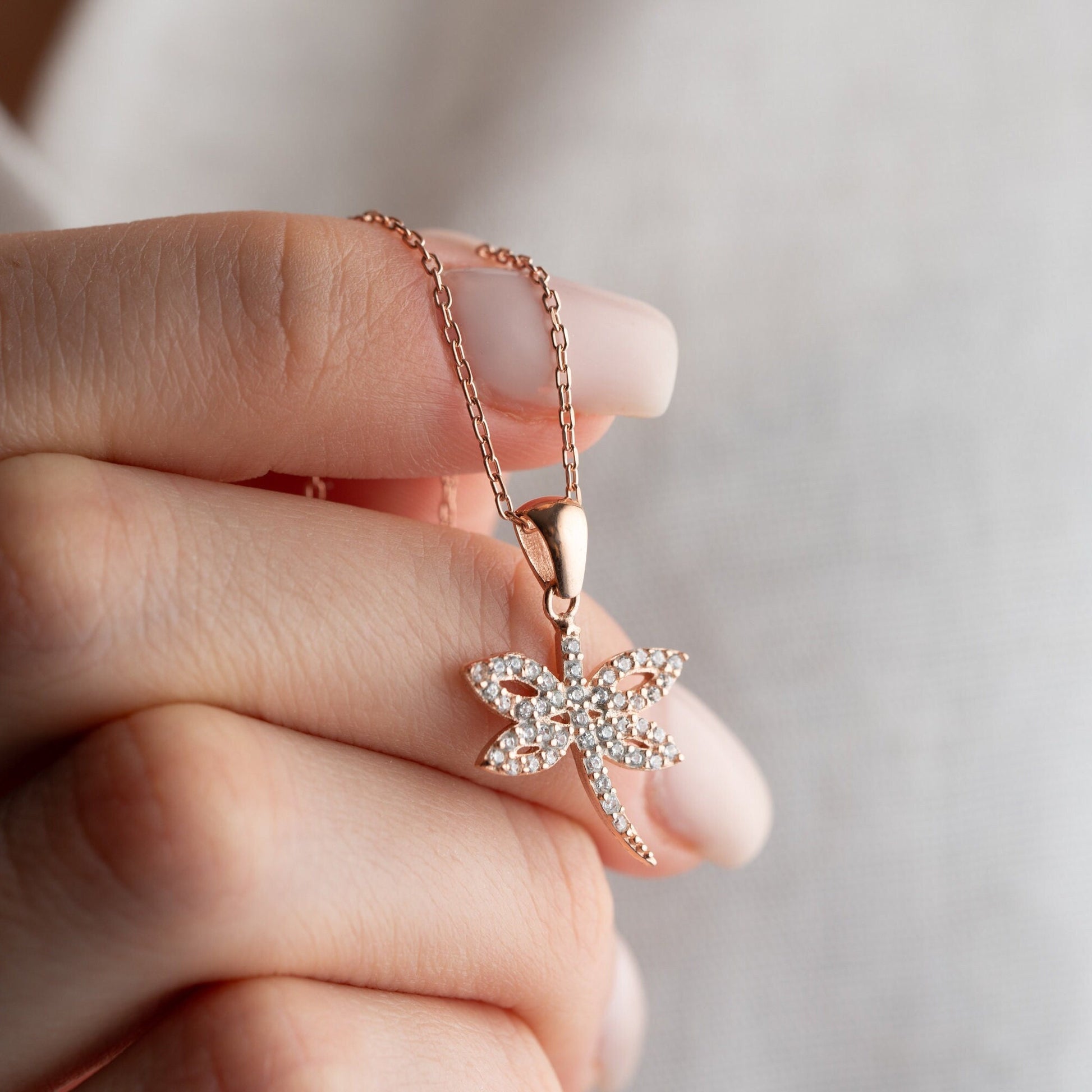 Dragonfly Necklace • 925 Sterling Silver • 14K Gold Plated • Zirconia Charm Pendant • Adjustable Chain Jewelry • Gift for Women & Girls