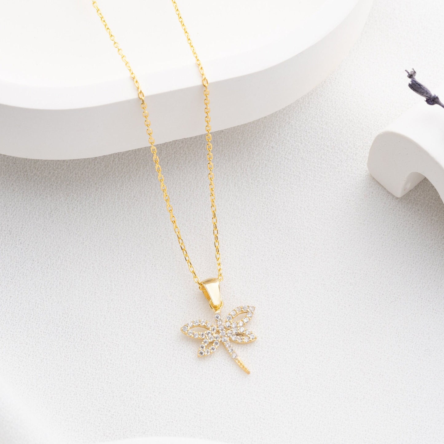 Dragonfly Necklace • 925 Sterling Silver • 14K Gold Plated • Zirconia Charm Pendant • Adjustable Chain Jewelry • Gift for Women & Girls