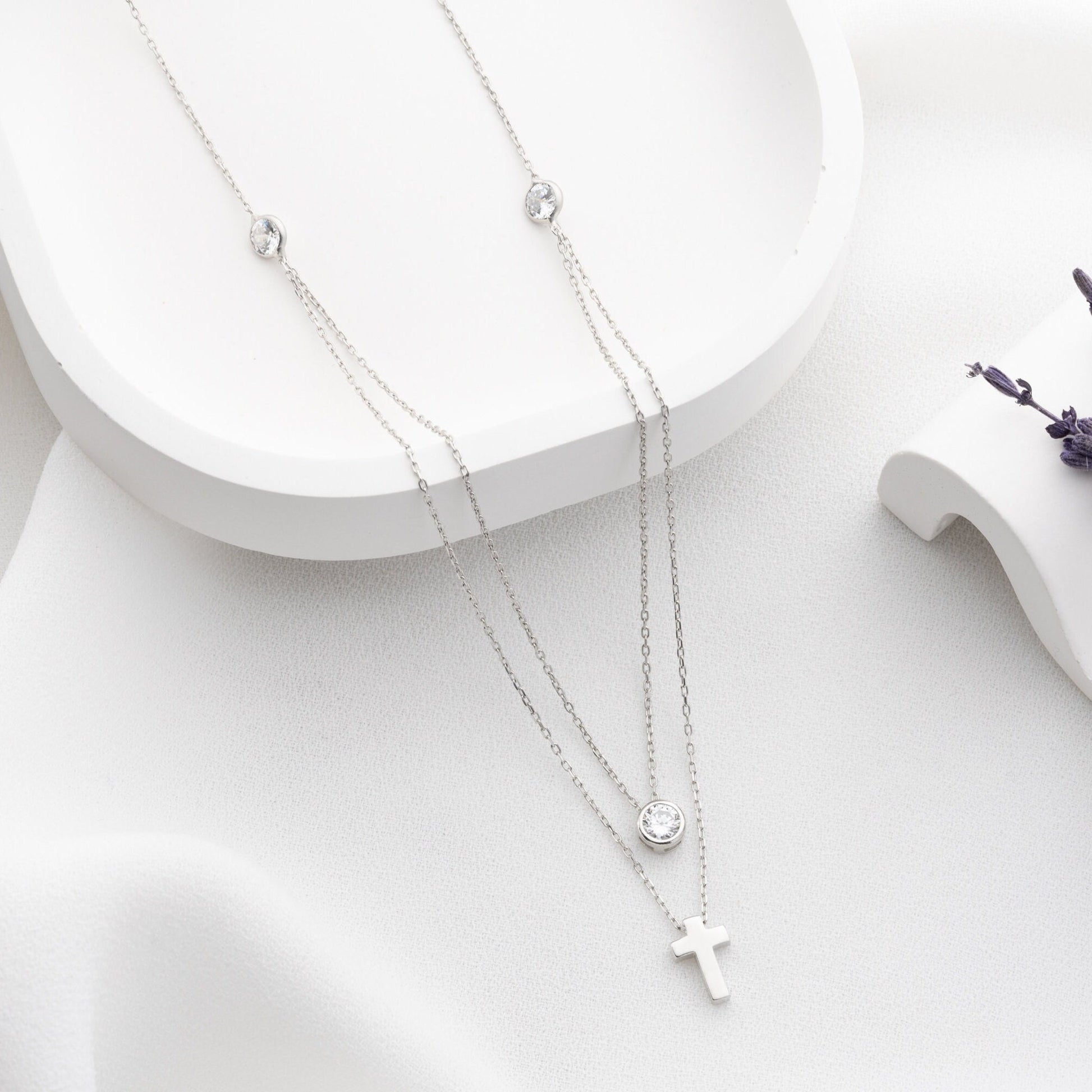 Double Layer Cross Necklace • 925 Sterling Silver & Gold Plated • Zirconia Christian Jewelry • Minimalist Faith Pendant • Gift for Women