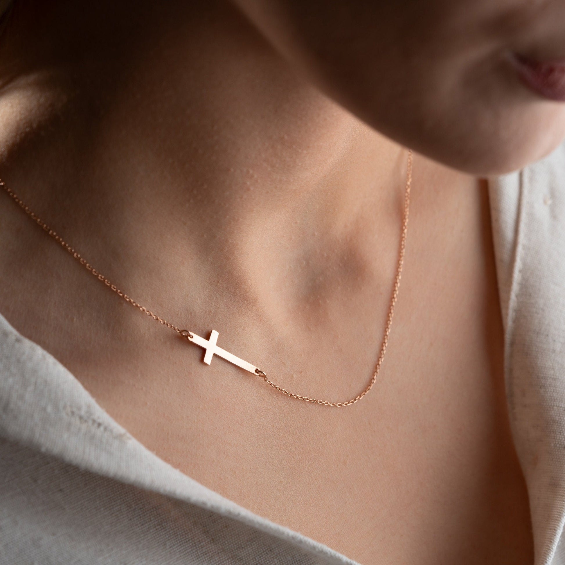Minimalist Cross Necklace - 925 Sterling Silver Christian Jewelry - Dainty Sideways Cross - Faith Necklace Baptism Gift for Women