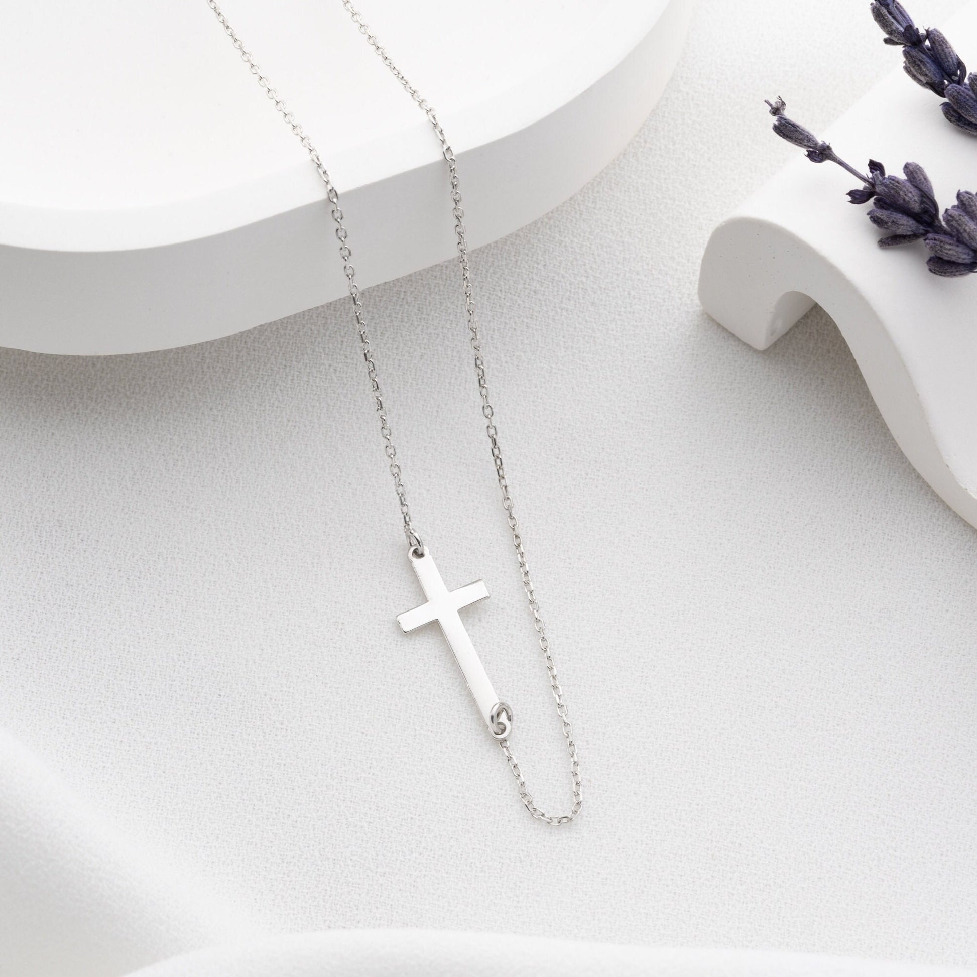 Minimalist Cross Necklace - 925 Sterling Silver Christian Jewelry - Dainty Sideways Cross - Faith Necklace Baptism Gift for Women