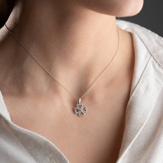 Four Leaf Clover Necklace • 925 Sterling Silver Pendant • Zircon Charm • Lucky Gift for Women • Dainty Clover Jewelry • Minimalist Necklace