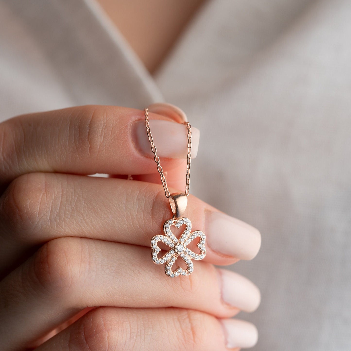 Four Leaf Clover Necklace • 925 Sterling Silver Pendant • Zircon Charm • Lucky Gift for Women • Dainty Clover Jewelry • Minimalist Necklace