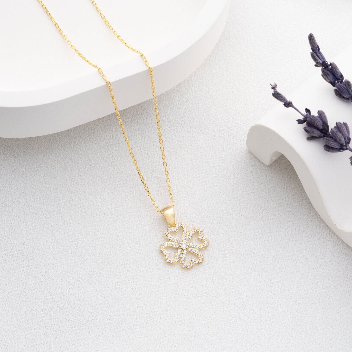 Four Leaf Clover Necklace • 925 Sterling Silver Pendant • Zircon Charm • Lucky Gift for Women • Dainty Clover Jewelry • Minimalist Necklace