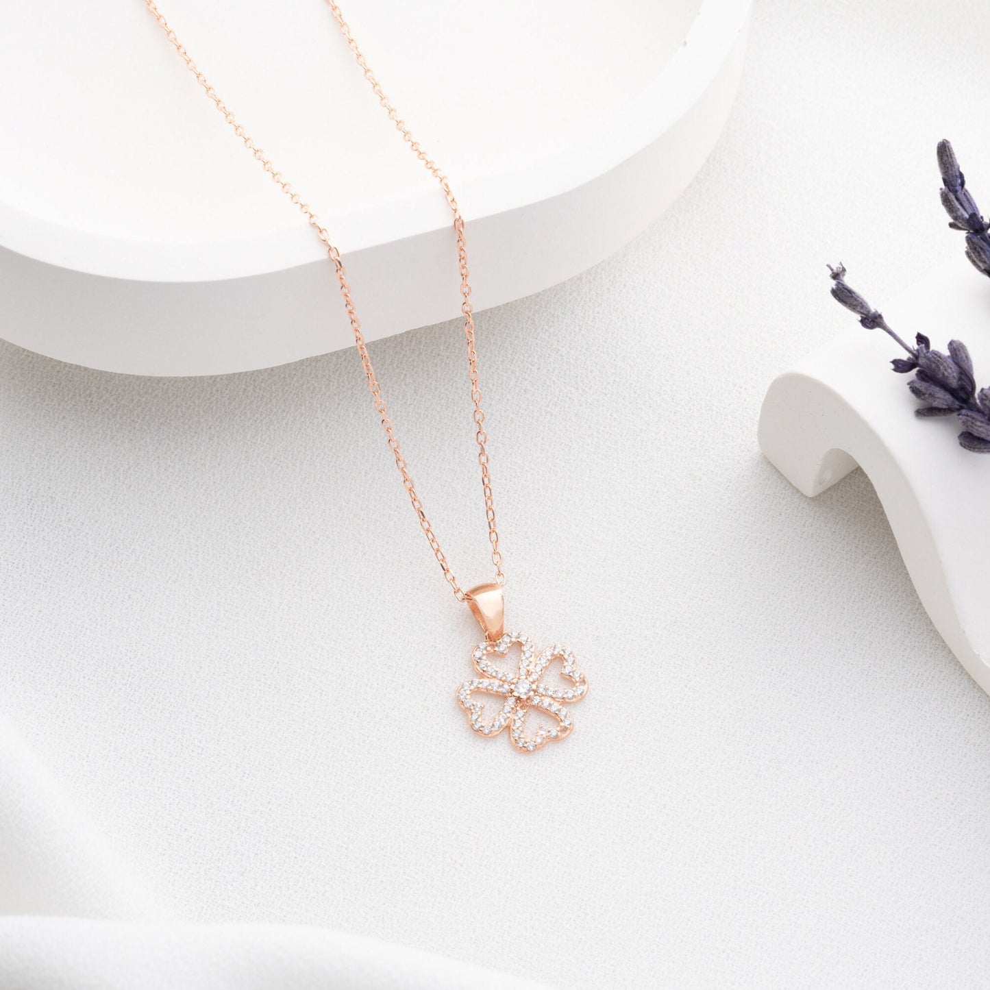 Four Leaf Clover Necklace • 925 Sterling Silver Pendant • Zircon Charm • Lucky Gift for Women • Dainty Clover Jewelry • Minimalist Necklace