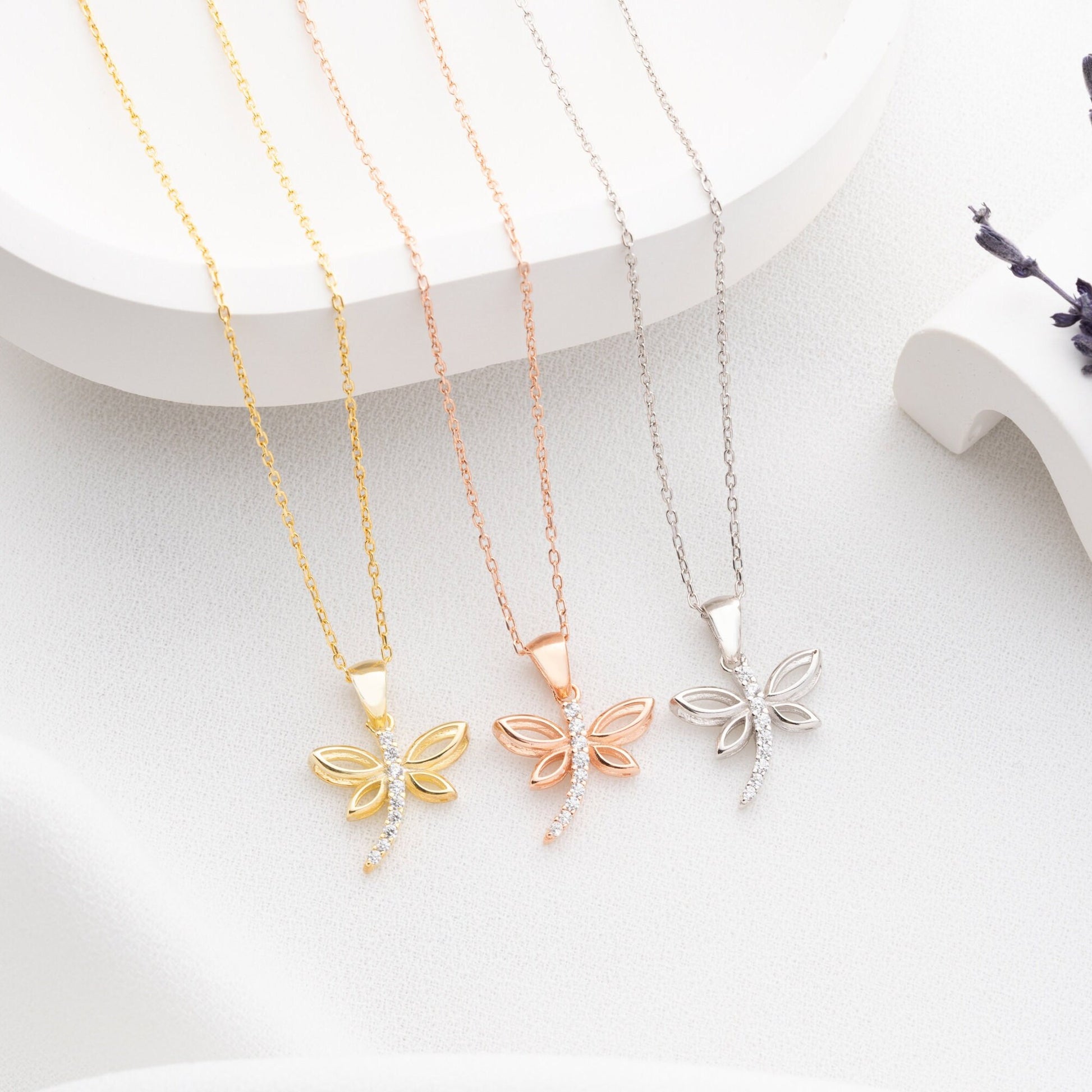 Dragonfly Necklace • 925 Sterling Silver • Gold Plated • Zirconia Insect Pendant • Nature Inspired Jewelry • Gift for Women & Girls