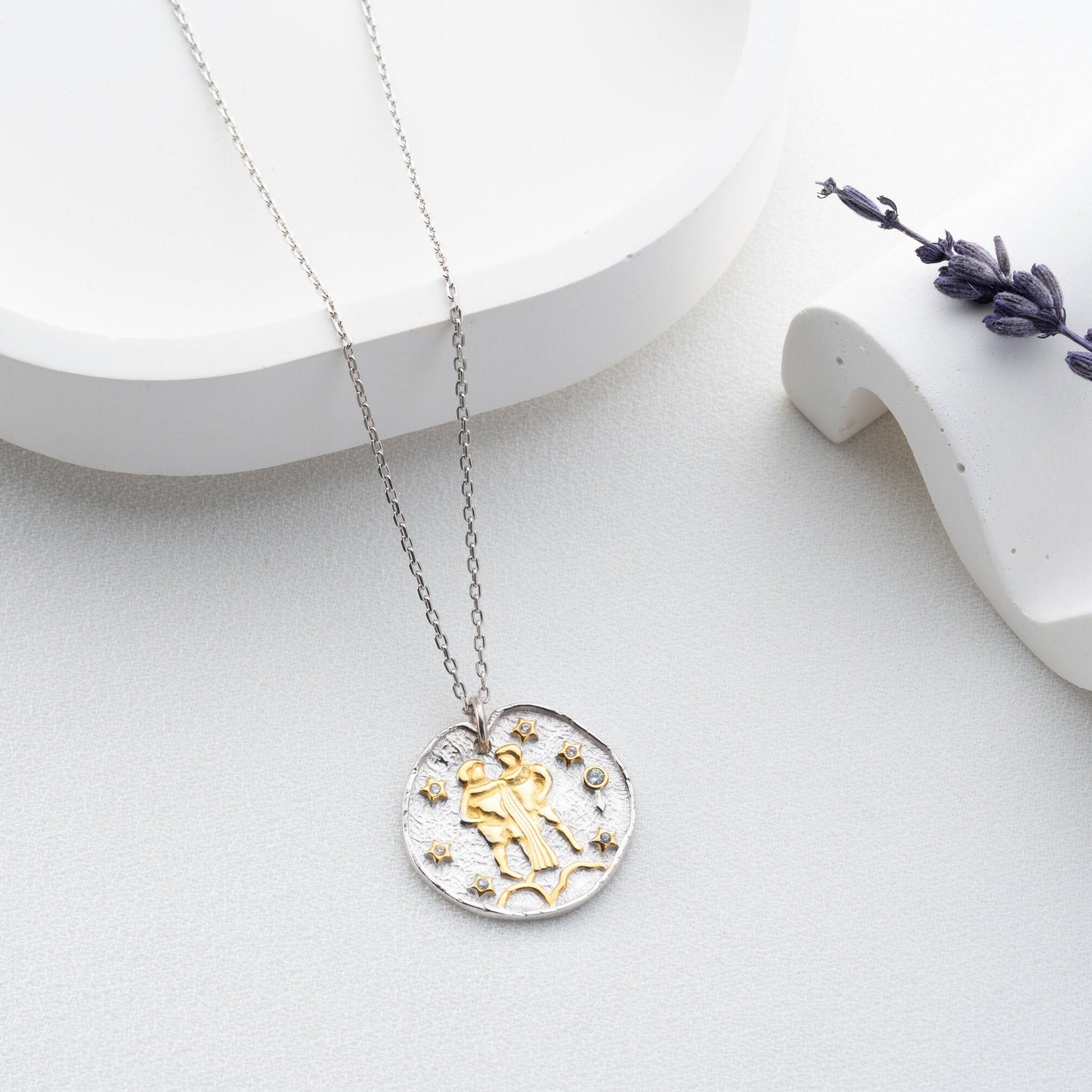 Gemini Zodiac Sign Necklace - Handmade 925 Sterling Silver - 14K Gold or Oxidized Finish - 12 Horoscope Designs - Gift for Astrology Lovers