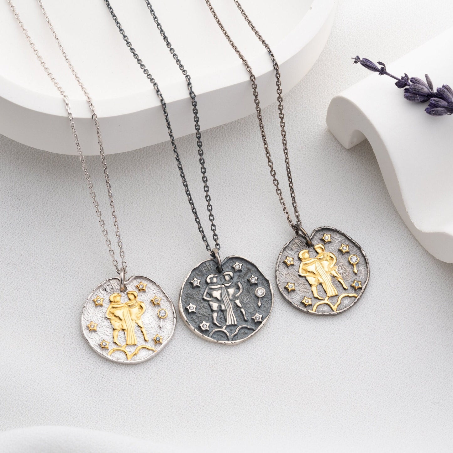 Gemini Zodiac Sign Necklace - Handmade 925 Sterling Silver - 14K Gold or Oxidized Finish - 12 Horoscope Designs - Gift for Astrology Lovers