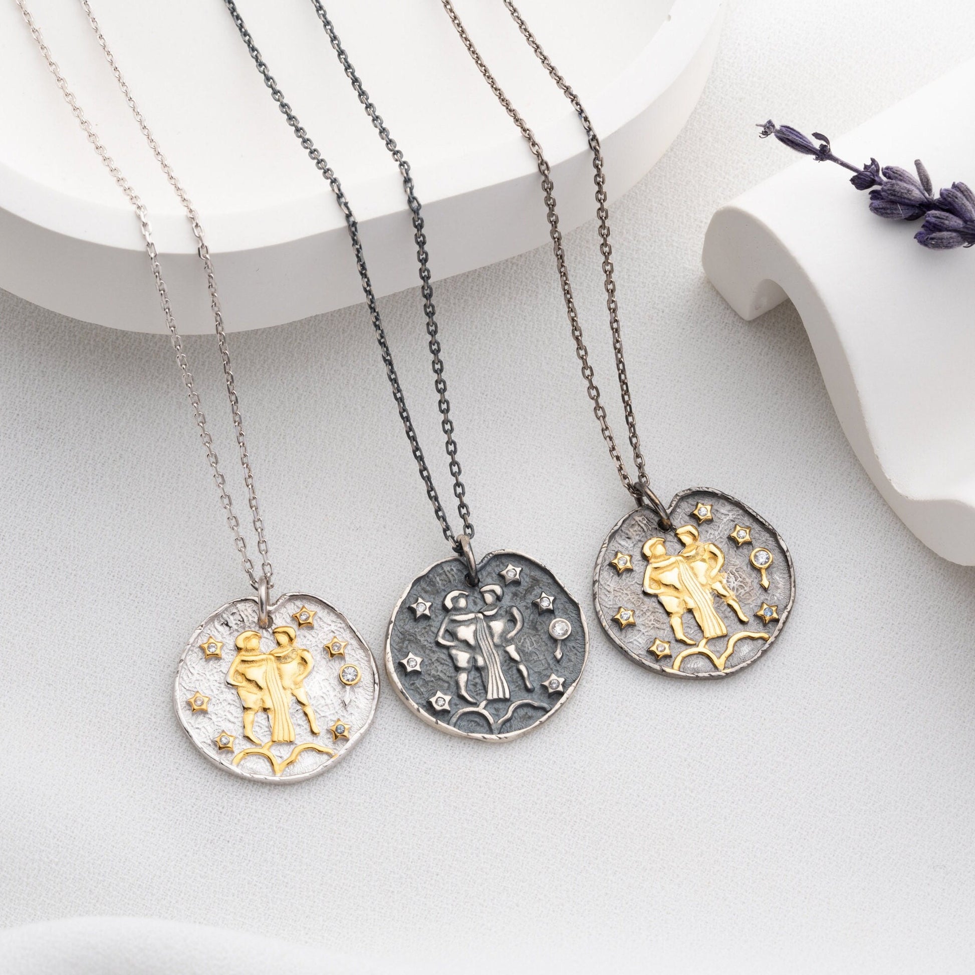 Gemini Zodiac Sign Necklace - Handmade 925 Sterling Silver - 14K Gold or Oxidized Finish - 12 Horoscope Designs - Gift for Astrology Lovers