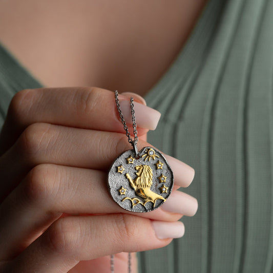 Leo Zodiac Sign Necklace • 925 Sterling Silver • 12 Horoscope Designs • 14K Gold & Oxidized Finish • Unique Thoughtful Gift for Her