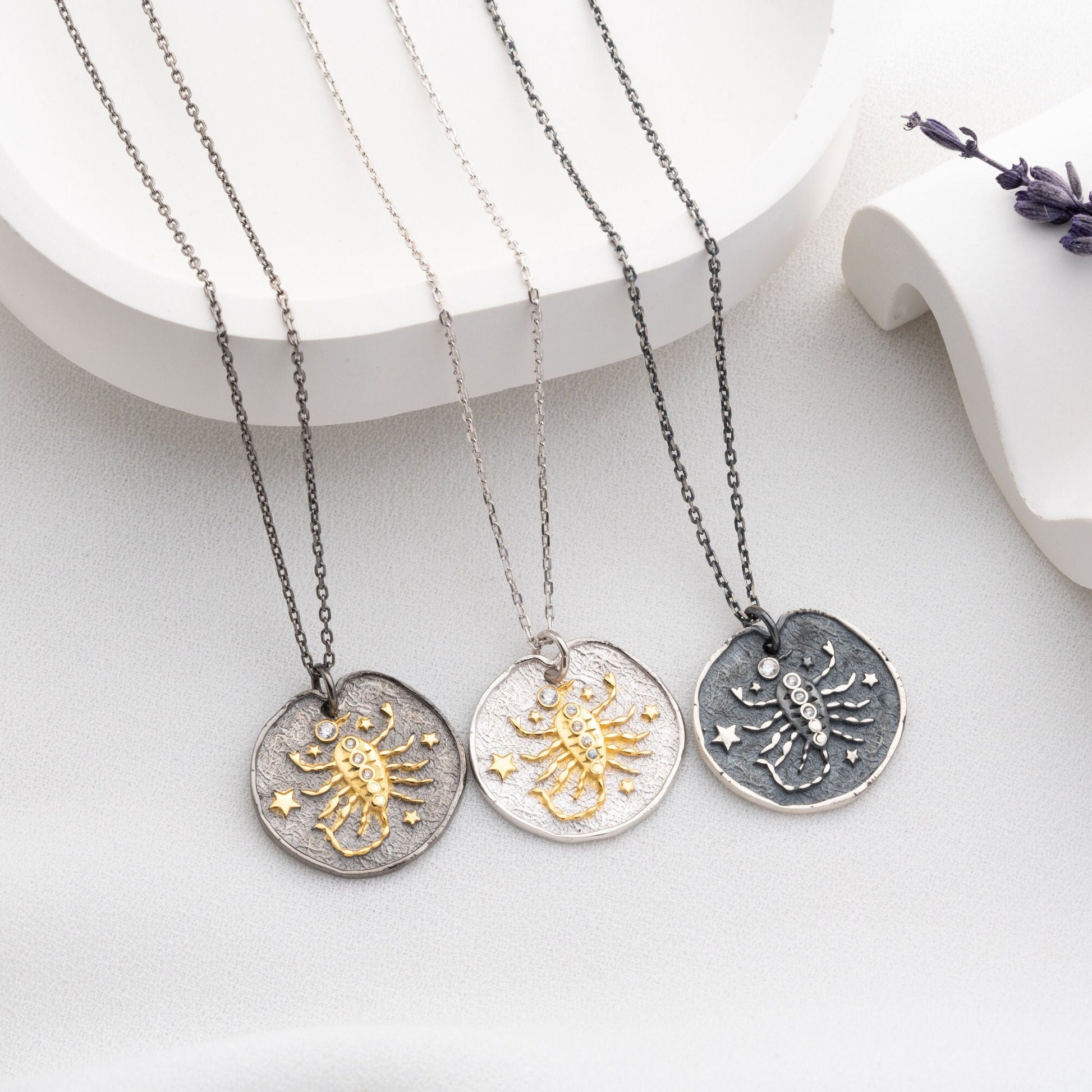 Scorpio Zodiac Sign Necklace - Handmade 925 Sterling Silver - 14K Gold or Oxidized Finish - 12 Horoscope Designs - Gift for Astrology Lovers