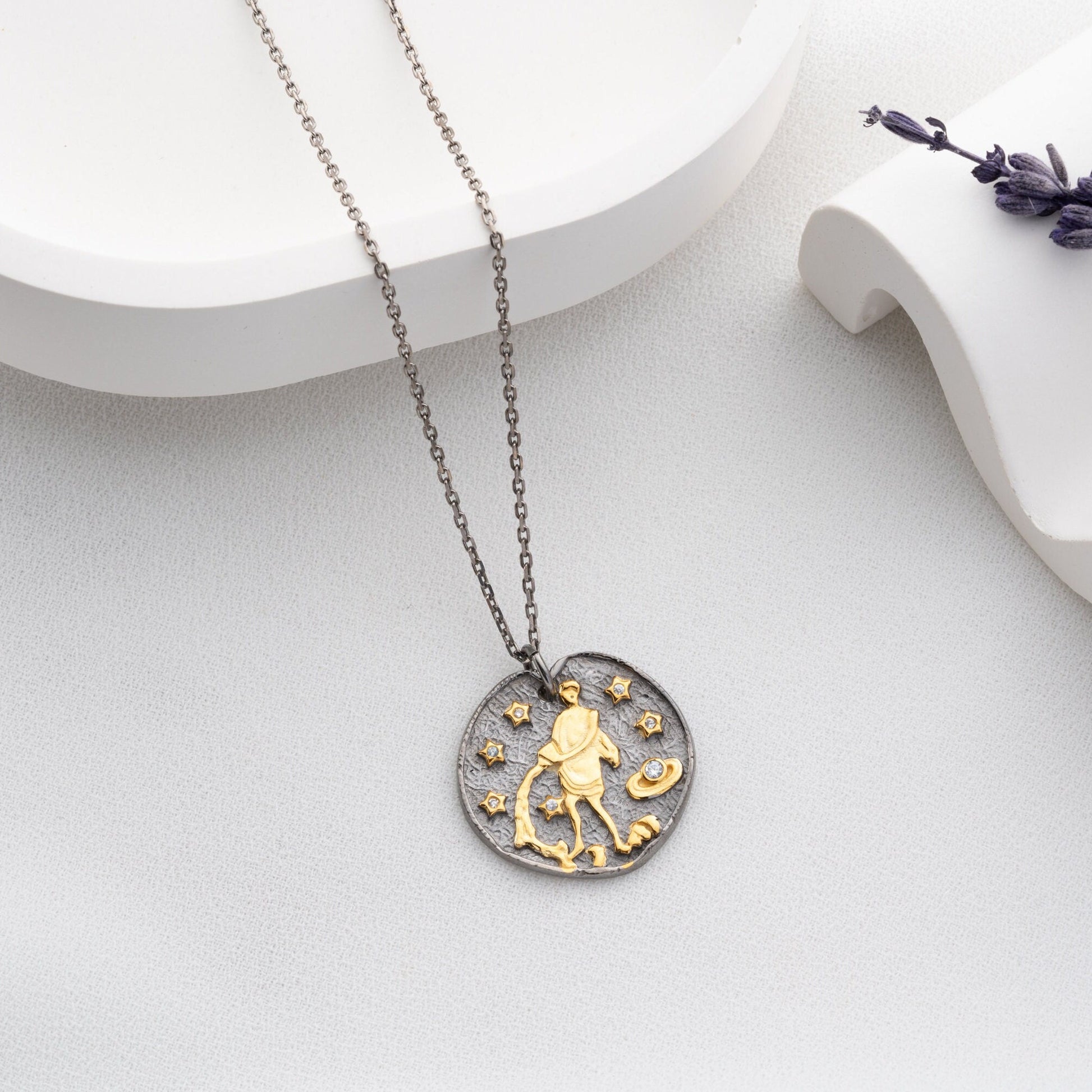 Aquarius Zodiac Necklace • 925 Sterling Silver & Gold Plated • Vintage Coin Pendant • Celestial Astrology Jewelry • Horoscope Gift for Her