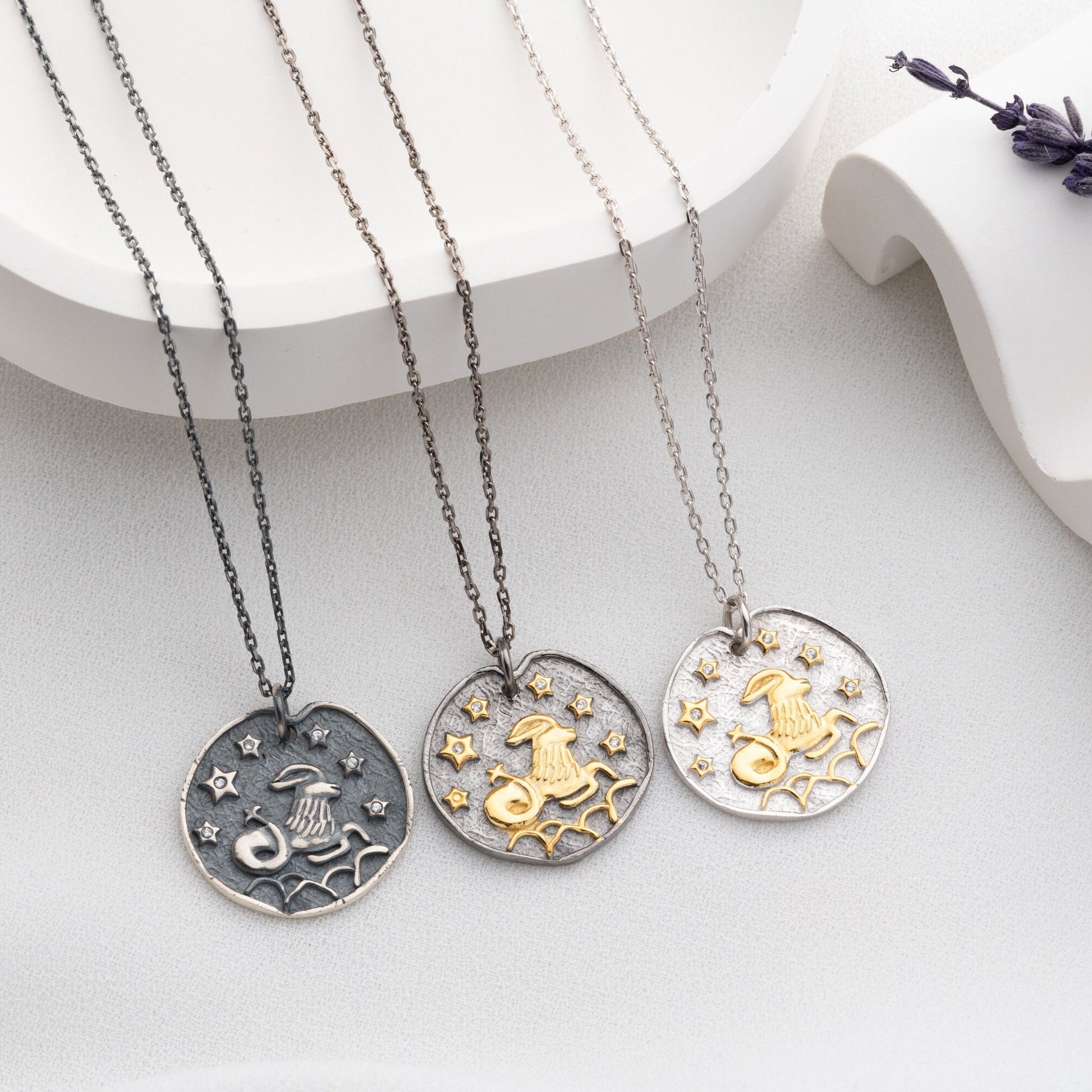 Capricorn Zodiac Necklace • 925 Sterling Silver & Gold Plated • Coin Medallion Pendant • Astrology Celestial Jewelry • Gift for Her