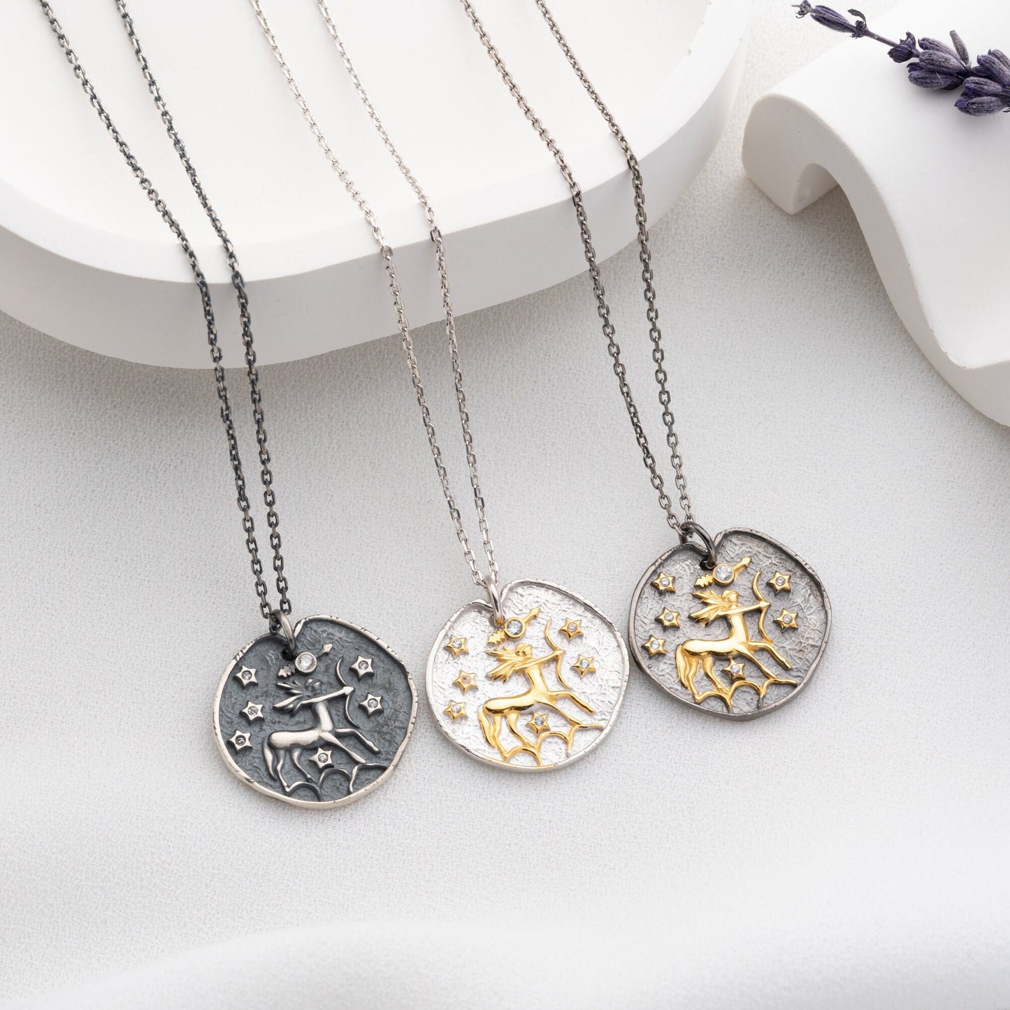 Sagittarius Zodiac Sign Necklace - Handmade 925 Sterling Silver - 14K Gold or Oxidized Finish - 12 Horoscope Designs - Astrology Gift