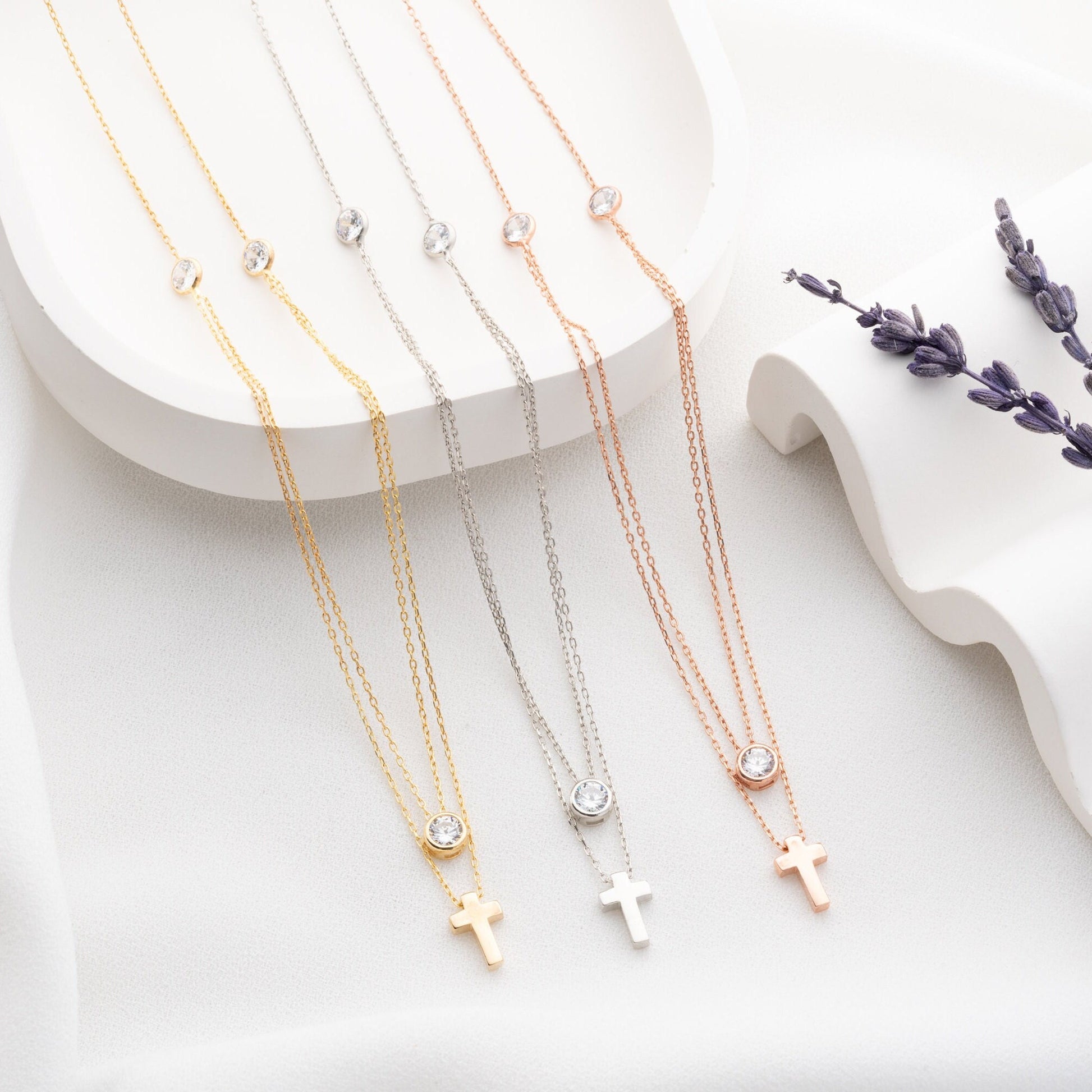 Double Layer Cross Necklace • 925 Sterling Silver & Gold Plated • Zirconia Christian Jewelry • Minimalist Faith Pendant • Gift for Women