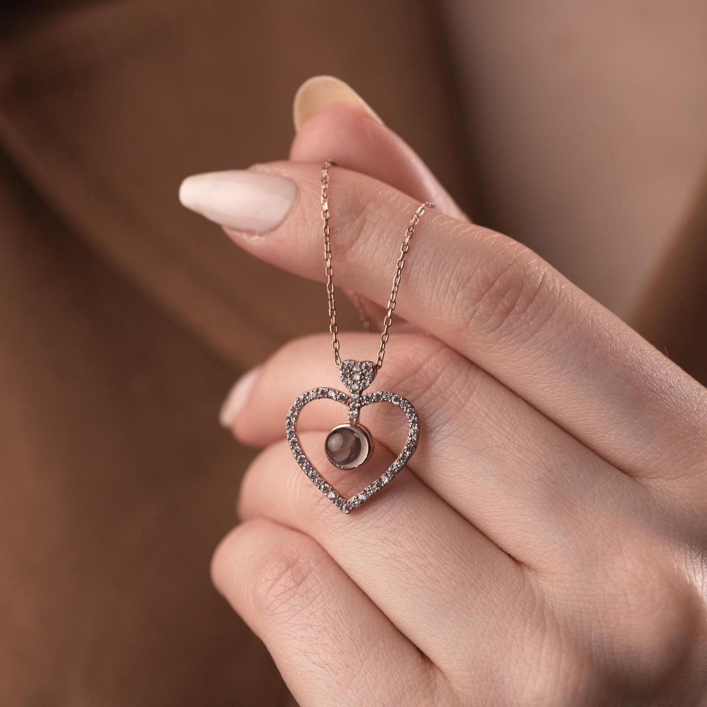 Projection Heart Necklace - 100 Languages I Love You Jewelry - Handmade 925 Sterling Silver Gold Plated - Romantic Light Gift for Her