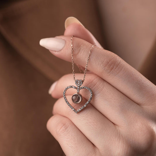 Projection Heart Necklace - 100 Languages I Love You Jewelry - Handmade 925 Sterling Silver Gold Plated - Romantic Light Gift for Her