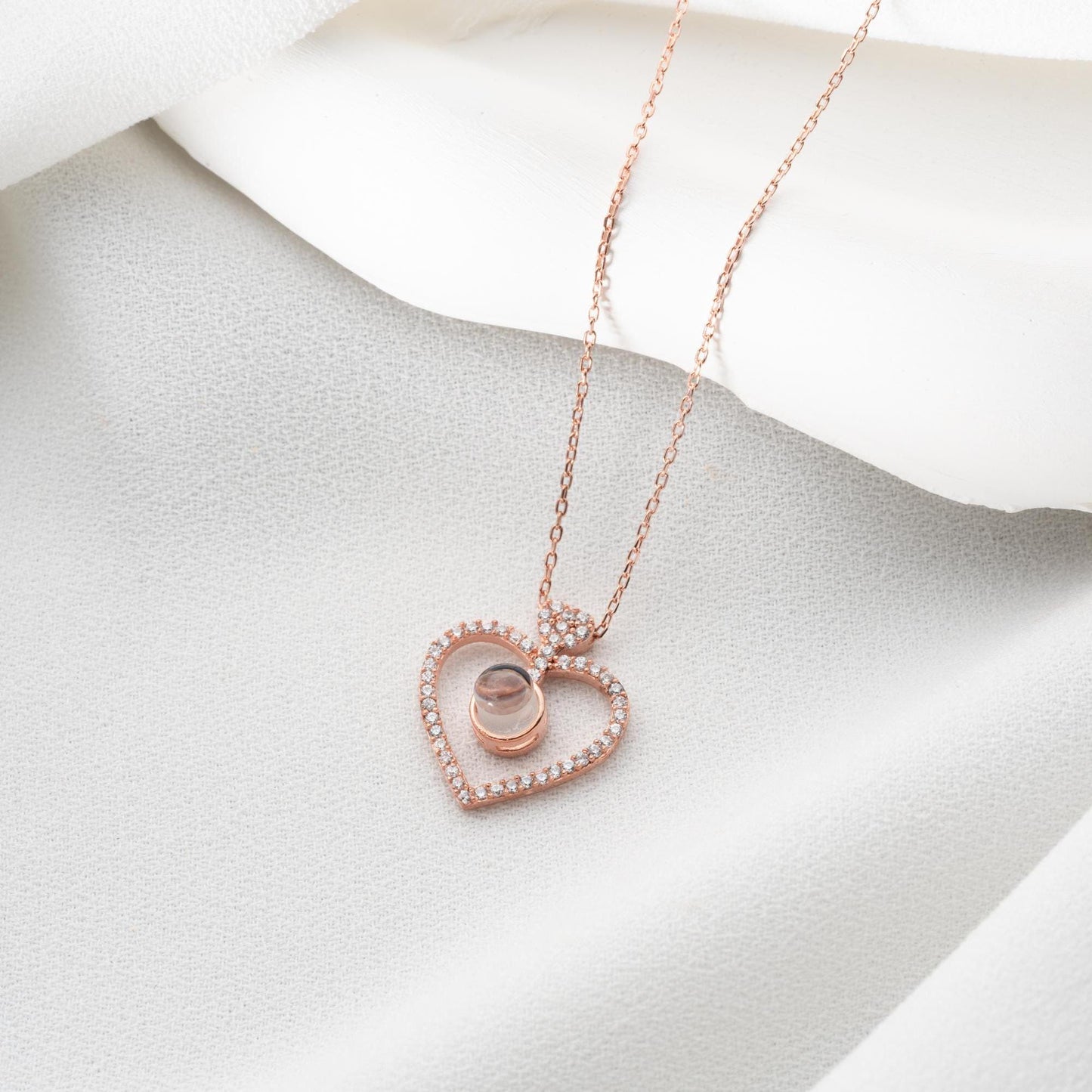 Projection Heart Necklace - 100 Languages I Love You Jewelry - Handmade 925 Sterling Silver Gold Plated - Romantic Light Gift for Her