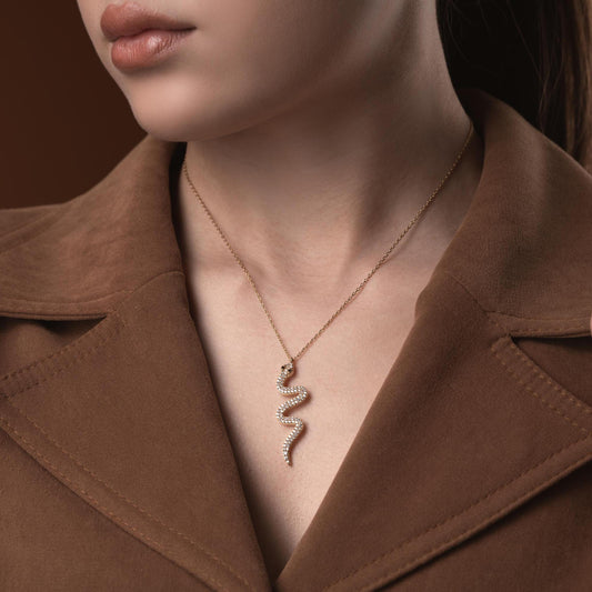 Snake Pendant Necklace - Handmade 925 Sterling Silver Gold Plated - CZ Serpent Jewelry - Dainty Layered Necklace Gift for Her