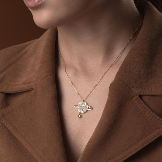 Planet Necklace • Celestial Jewelry for Women • 925 Sterling Silver & Gold Plated • Saturn Pendant with Star Charm • Space Gift for Her