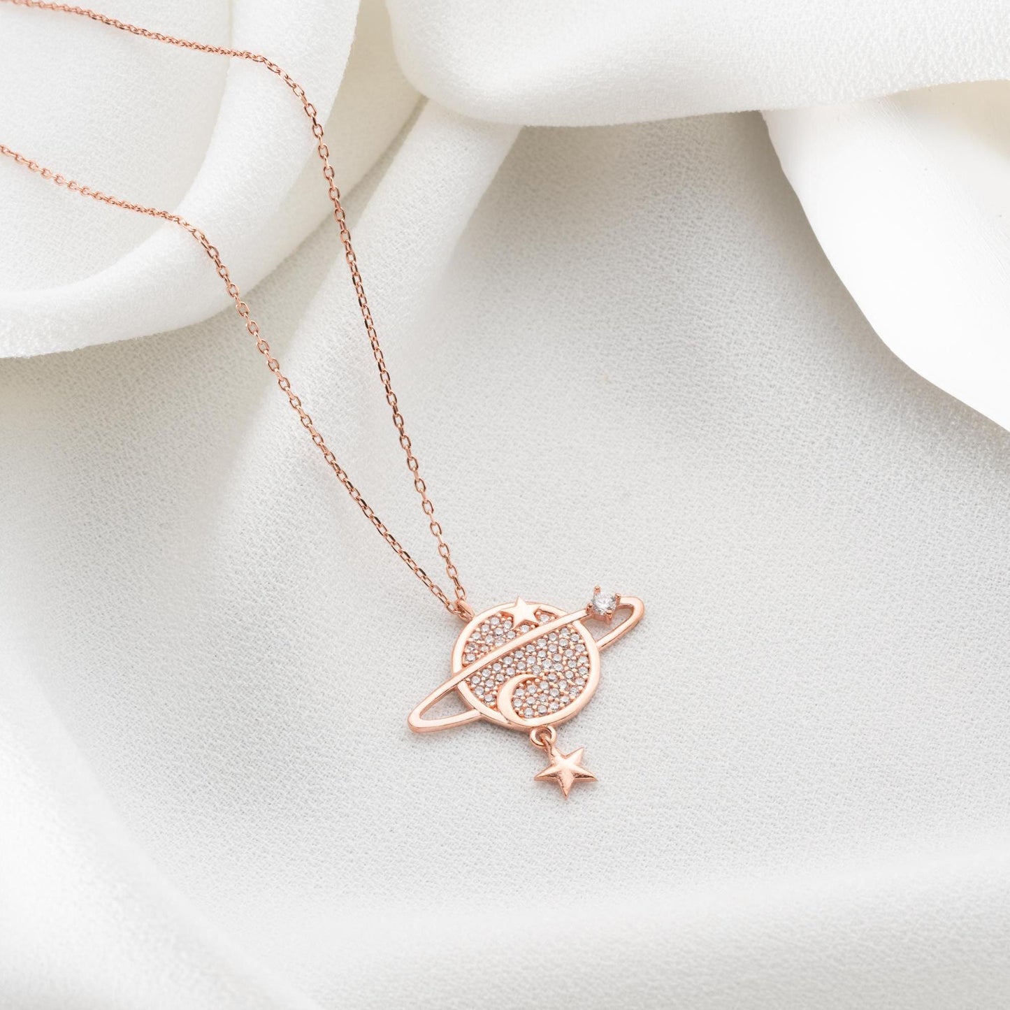 Planet Necklace • Celestial Jewelry for Women • 925 Sterling Silver & Gold Plated • Saturn Pendant with Star Charm • Space Gift for Her
