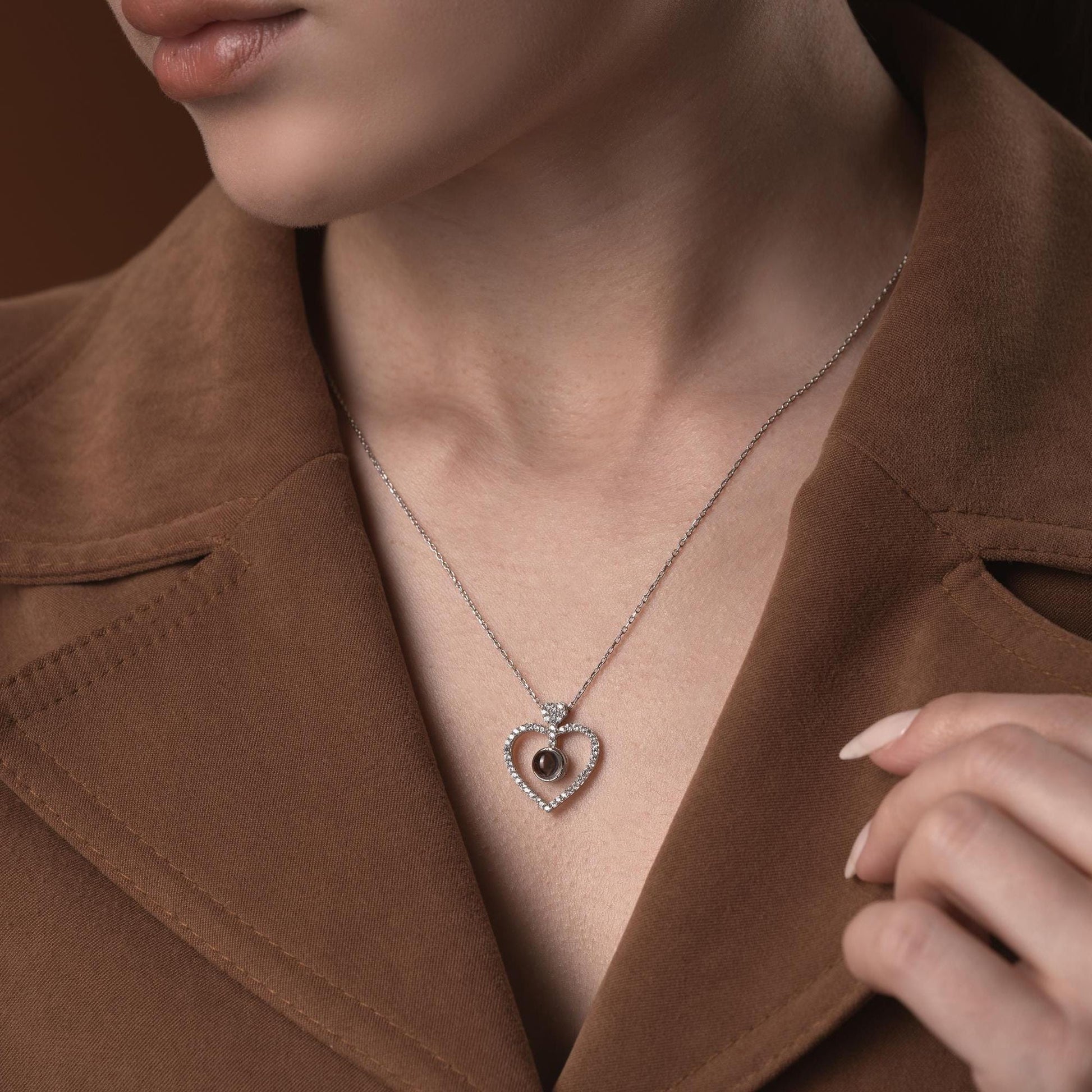 Projection Heart Necklace - 100 Languages I Love You Jewelry - Handmade 925 Sterling Silver Gold Plated - Romantic Light Gift for Her