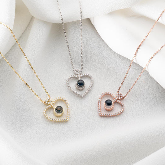 Projection Heart Necklace - 100 Languages I Love You Jewelry - Handmade 925 Sterling Silver Gold Plated - Romantic Light Gift for Her