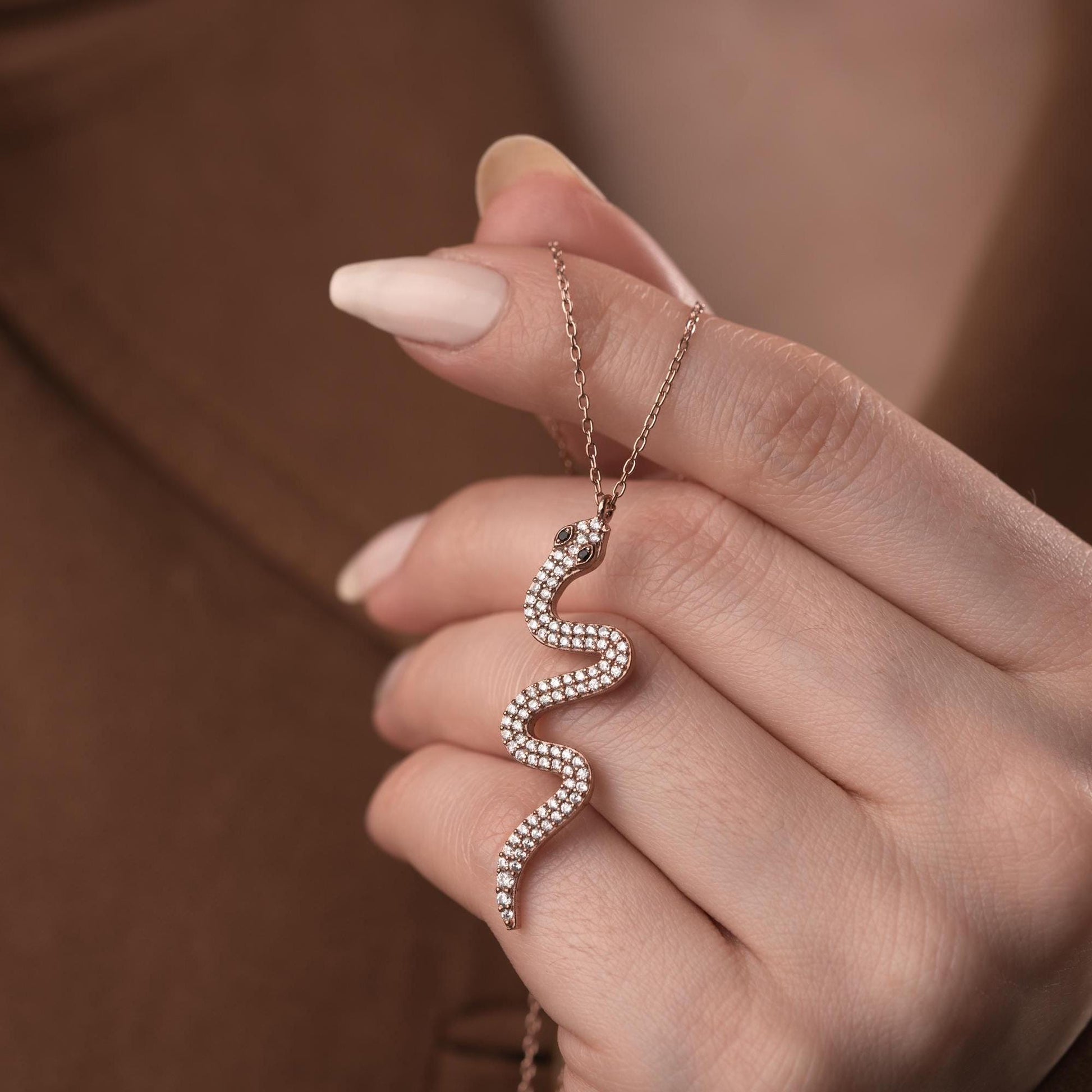 Snake Pendant Necklace - Handmade 925 Sterling Silver Gold Plated - CZ Serpent Jewelry - Dainty Layered Necklace Gift for Her
