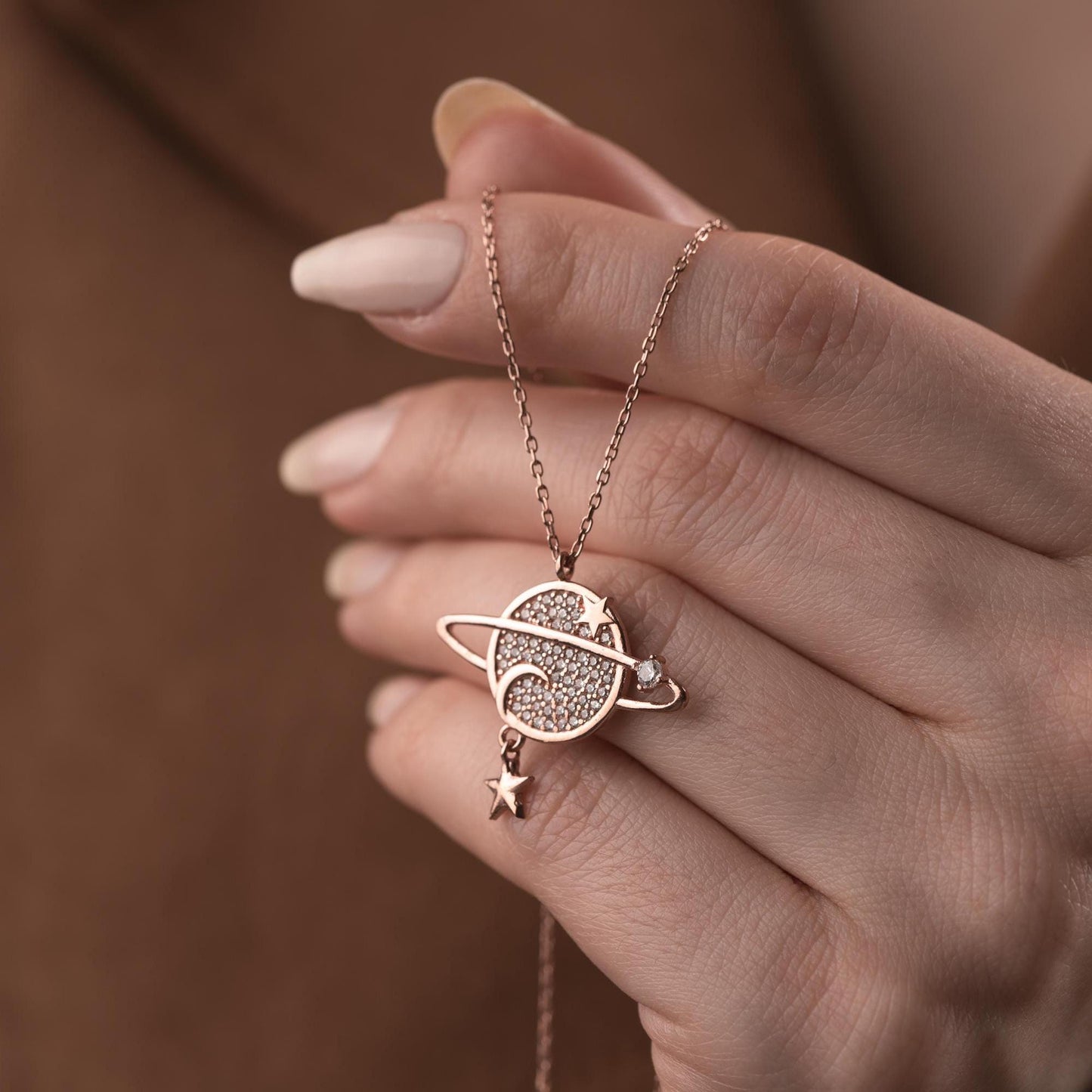 Planet Necklace • Celestial Jewelry for Women • 925 Sterling Silver & Gold Plated • Saturn Pendant with Star Charm • Space Gift for Her