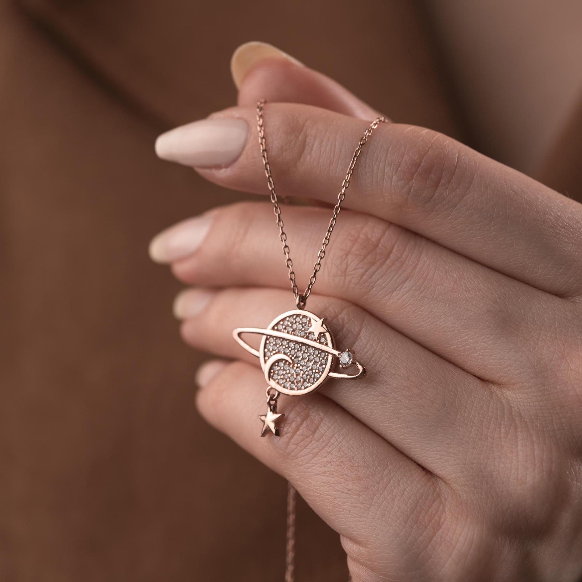 Planet Necklace • Celestial Jewelry for Women • 925 Sterling Silver & Gold Plated • Saturn Pendant with Star Charm • Space Gift for Her