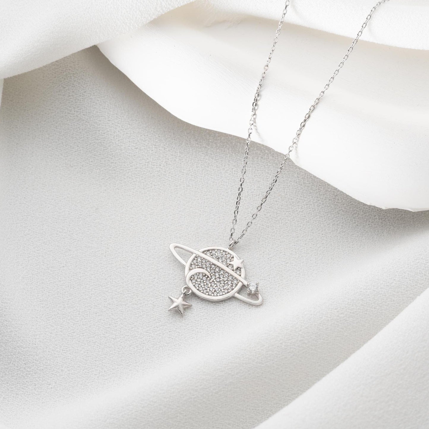 Planet Necklace • Celestial Jewelry for Women • 925 Sterling Silver & Gold Plated • Saturn Pendant with Star Charm • Space Gift for Her