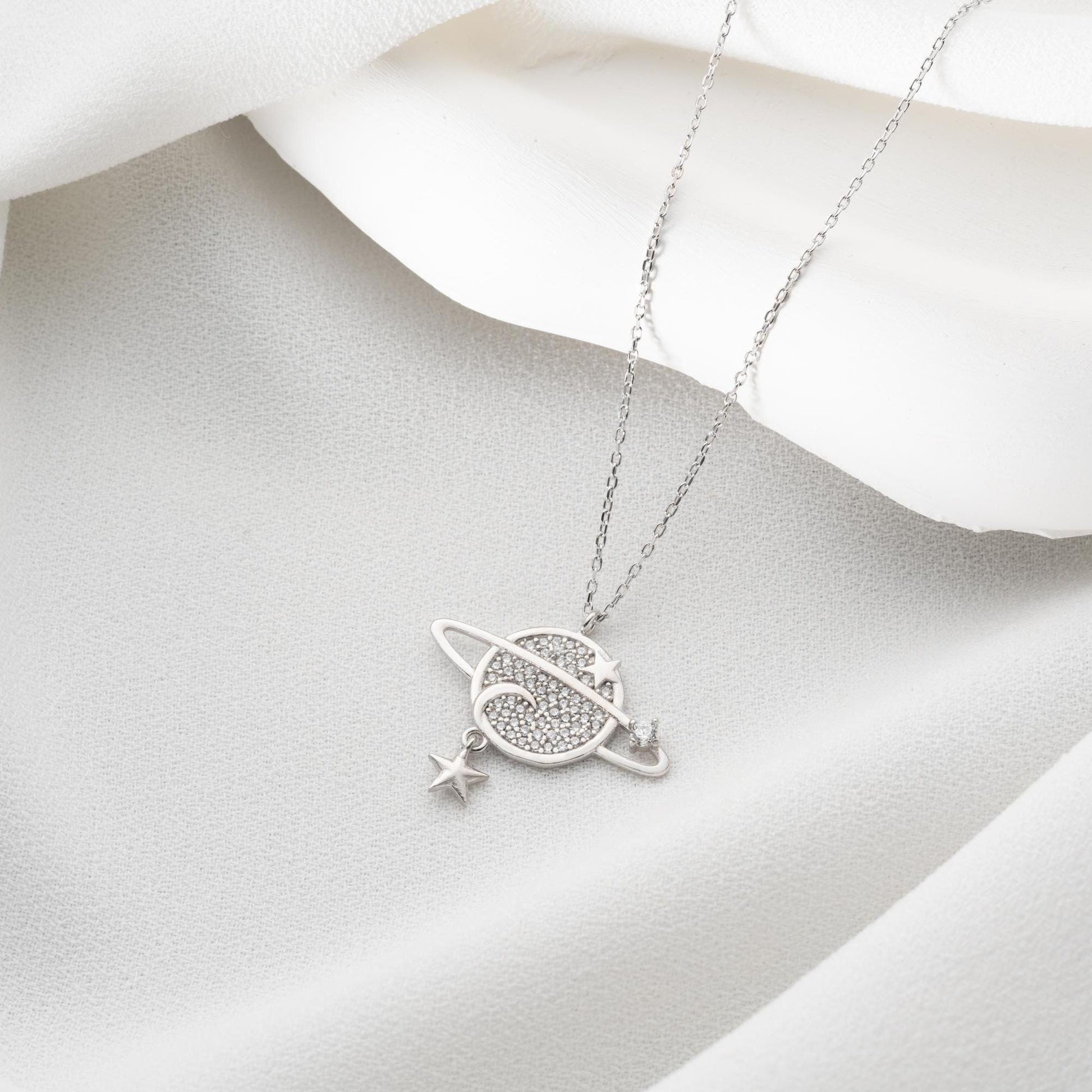 Planet Necklace • Celestial Jewelry for Women • 925 Sterling Silver & Gold Plated • Saturn Pendant with Star Charm • Space Gift for Her