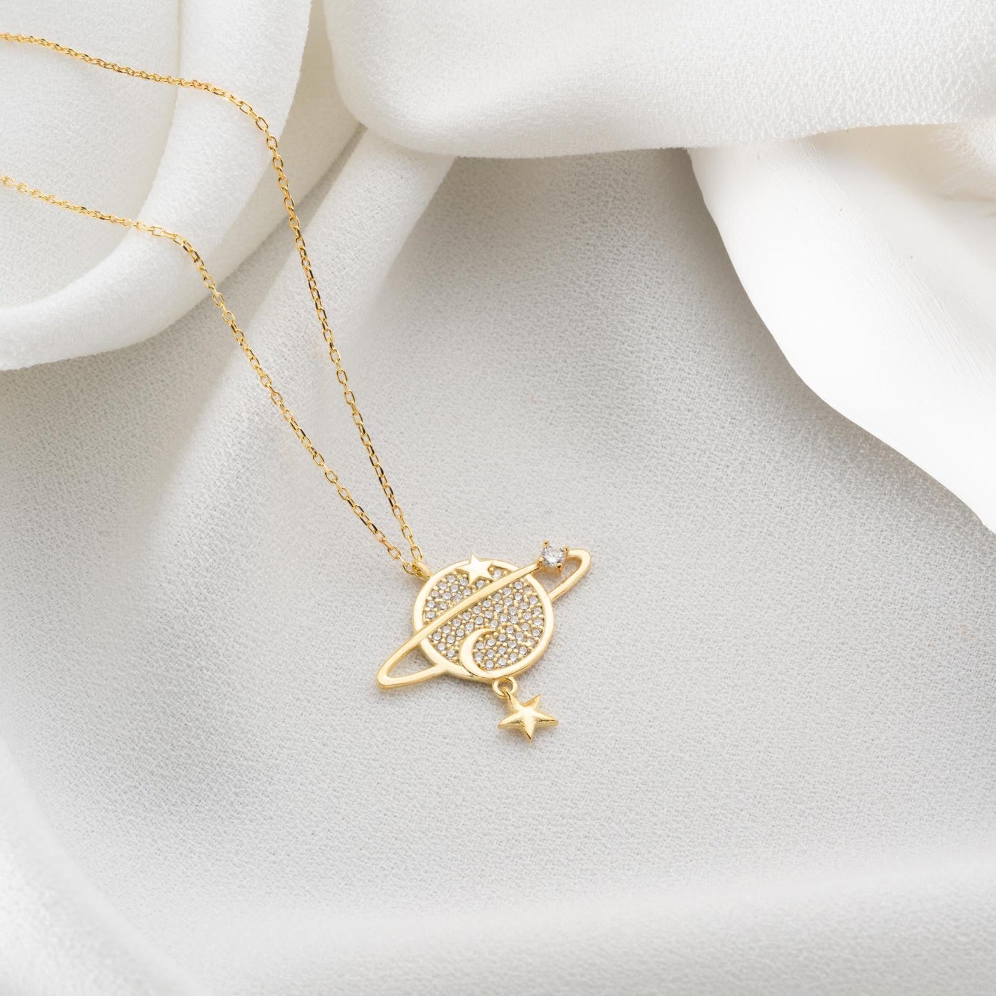 Planet Necklace • Celestial Jewelry for Women • 925 Sterling Silver & Gold Plated • Saturn Pendant with Star Charm • Space Gift for Her