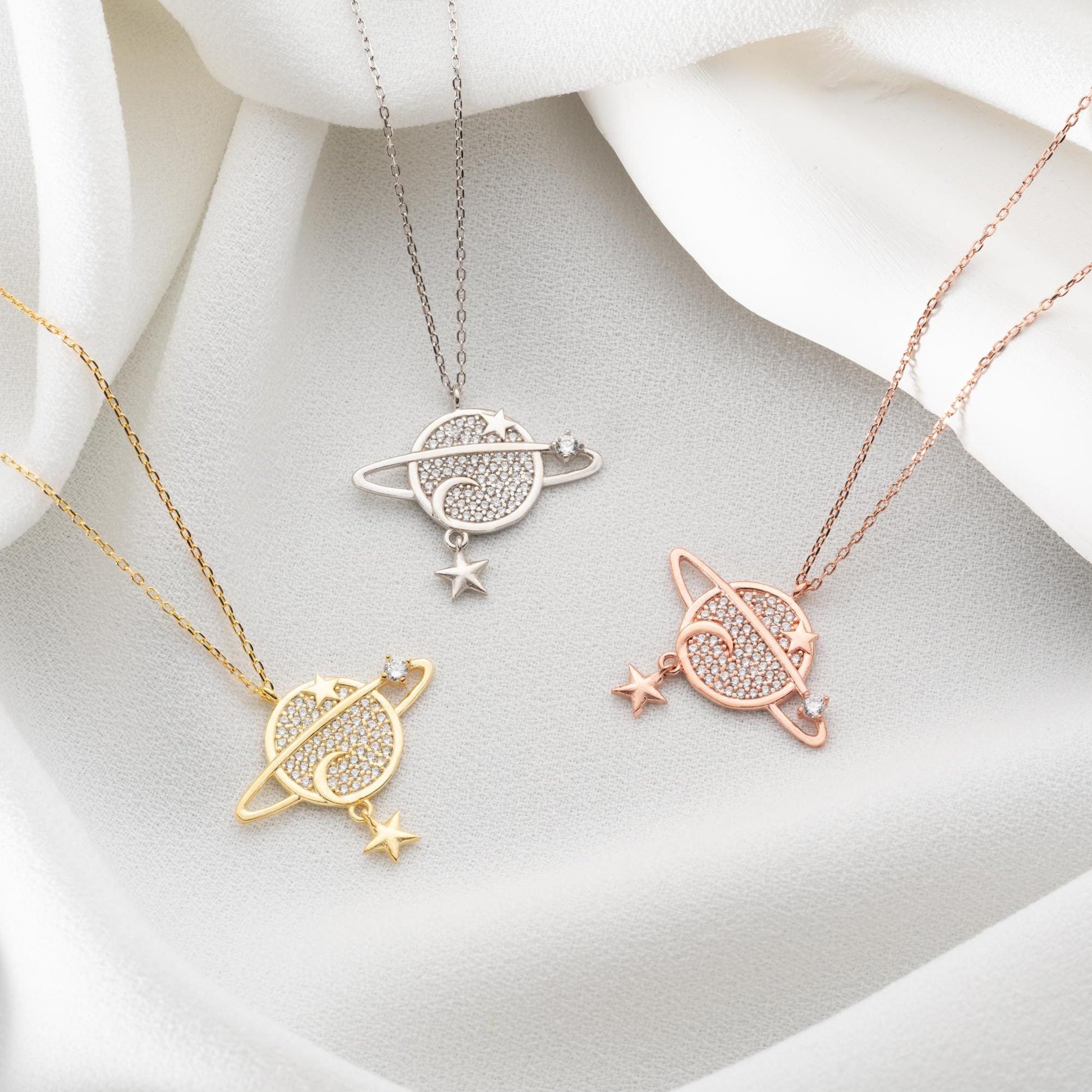 Sterling Silver Planet and Star Necklace with Cubic Zirconia Accents - Dainty and Celestial Jewelry Piece for Women