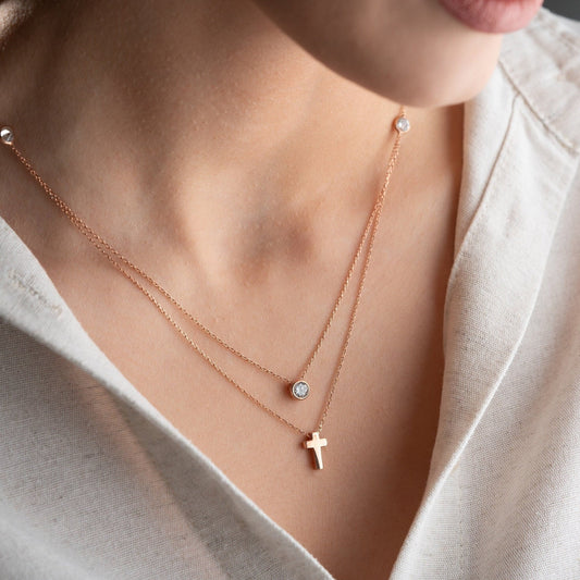 Double Layer Cross Necklace • 925 Sterling Silver & Gold Plated • Zirconia Christian Jewelry • Minimalist Faith Pendant • Gift for Women