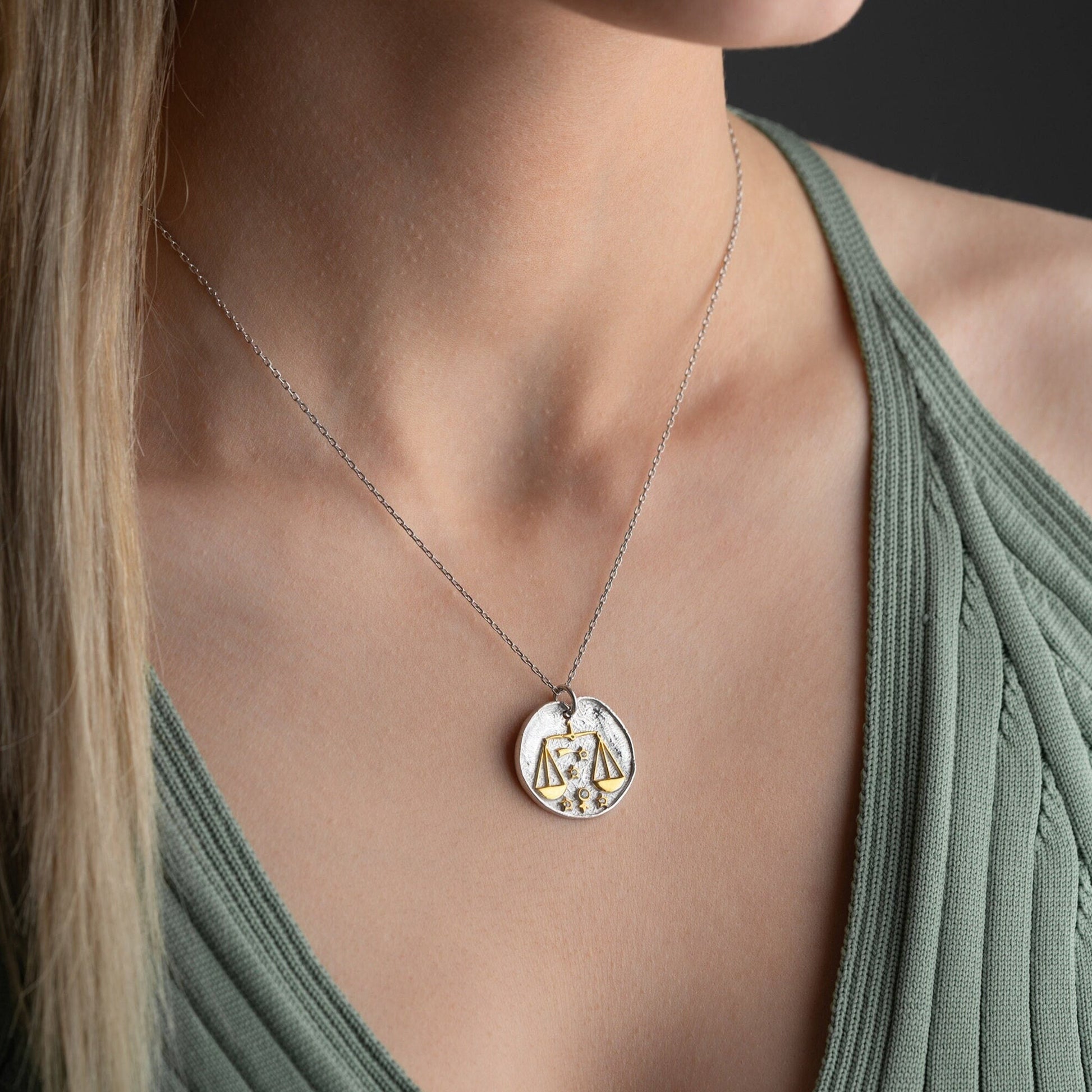 Libra Zodiac Sign Necklace - Handmade 925 Sterling Silver - 14K Gold or Oxidized Finish - 12 Horoscope Designs - Gift for Astrology Lovers