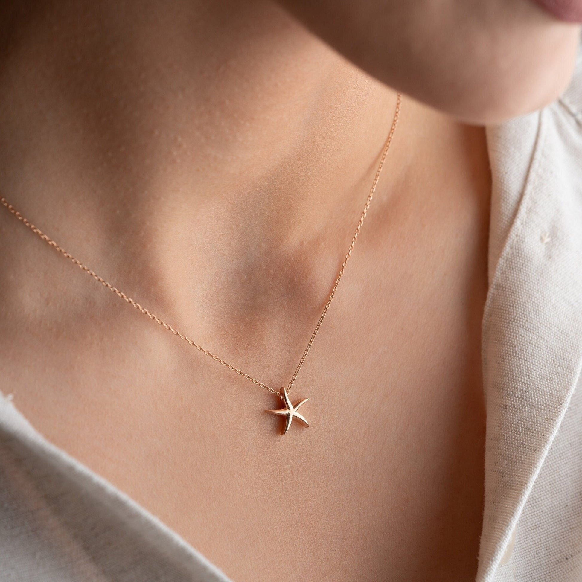 Starfish Necklace - 925 Sterling Silver Gold Plated - Minimalist Beach Jewelry - Ocean Inspired Nautical Pendant - Unique Gift for Her