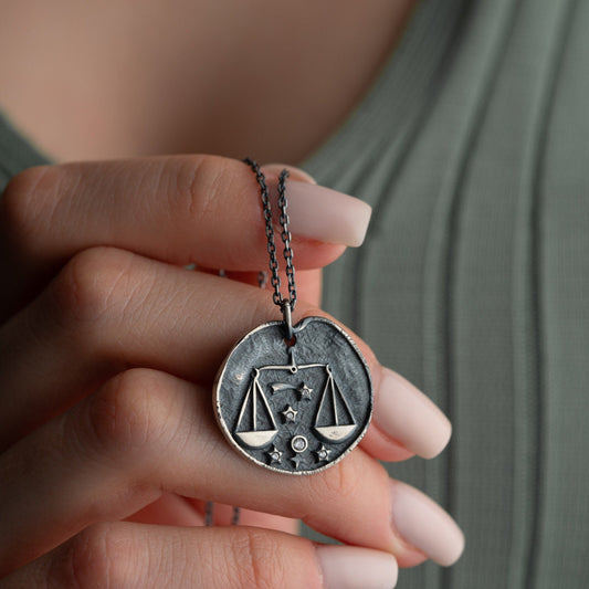 Libra Zodiac Sign Necklace - Handmade 925 Sterling Silver - 14K Gold or Oxidized Finish - 12 Horoscope Designs - Gift for Astrology Lovers