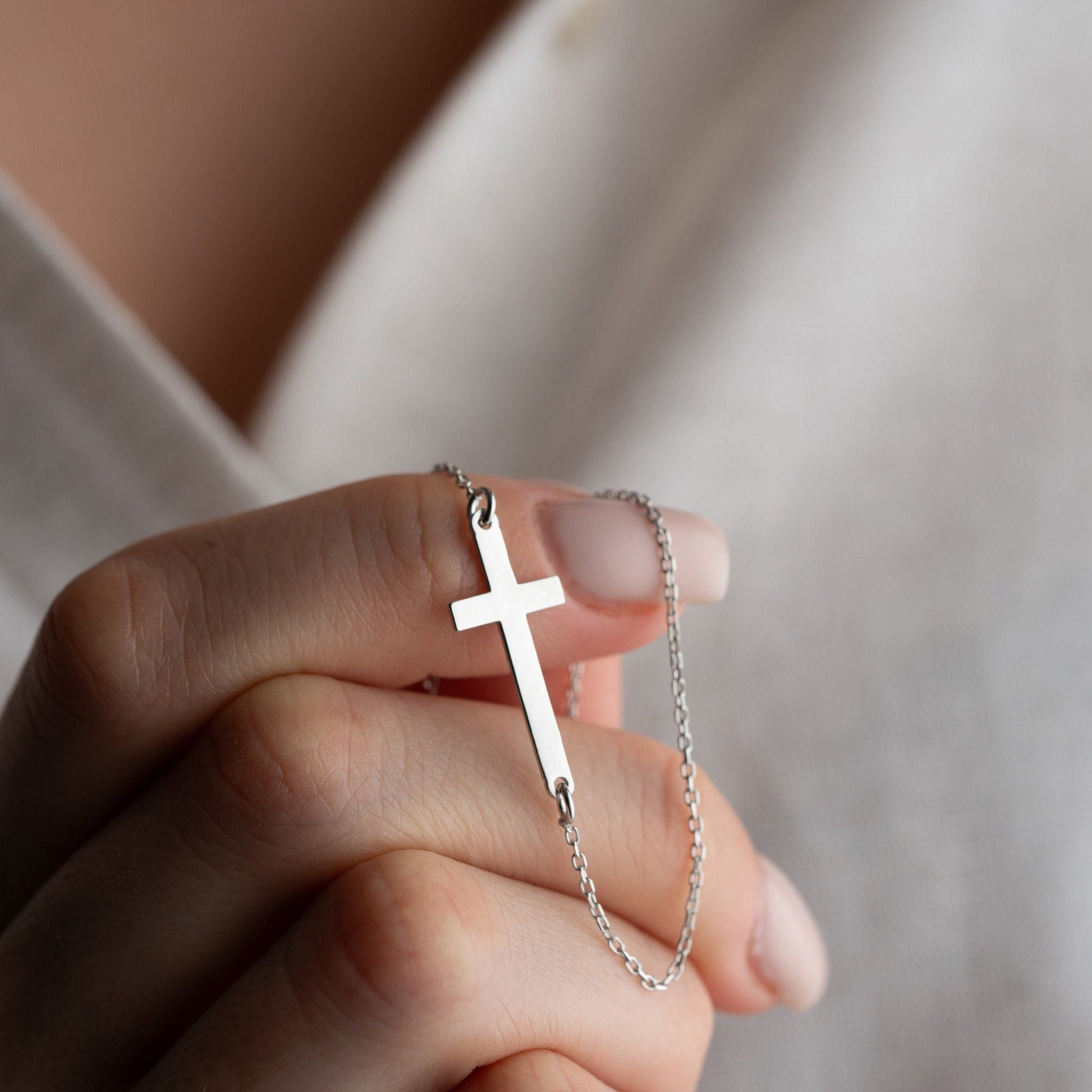 Minimalist Cross Necklace - 925 Sterling Silver Christian Jewelry - Dainty Sideways Cross - Faith Necklace Baptism Gift for Women