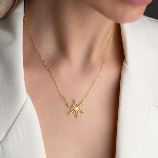 Snowflake necklace with cubic zirconia stones, perfect for Christmas, available in 925 sterling silver and 14K gold plated options.