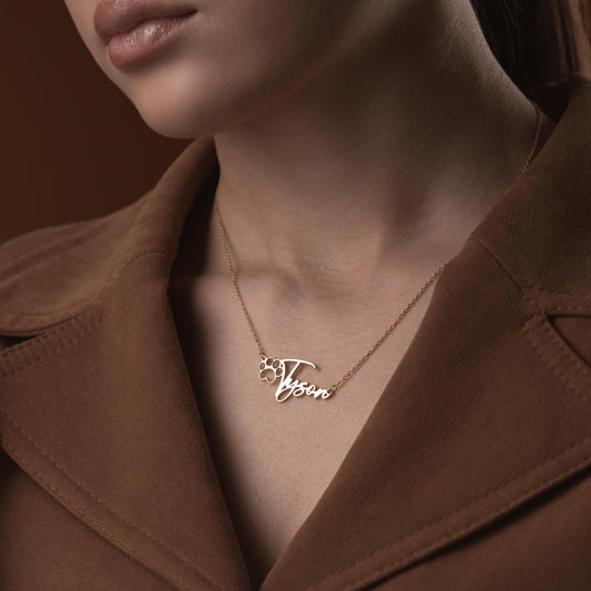 Custom pet name necklace with a paw print design in 925 sterling silver and 14k gold plated options, perfect for pet lovers. A personalized, handmade gift displayed on a soft fabric background.