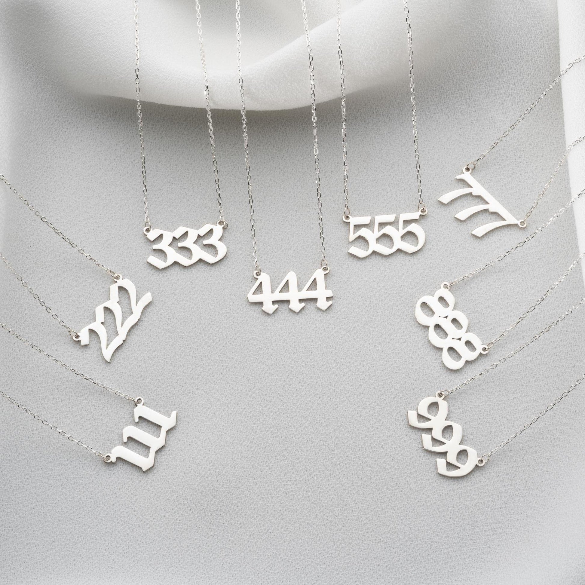 Angel number necklaces featuring numbers 111 to 999, crafted in 925 Sterling Silver with 14K Gold Plated options, ideal for spiritual and lucky gifting.