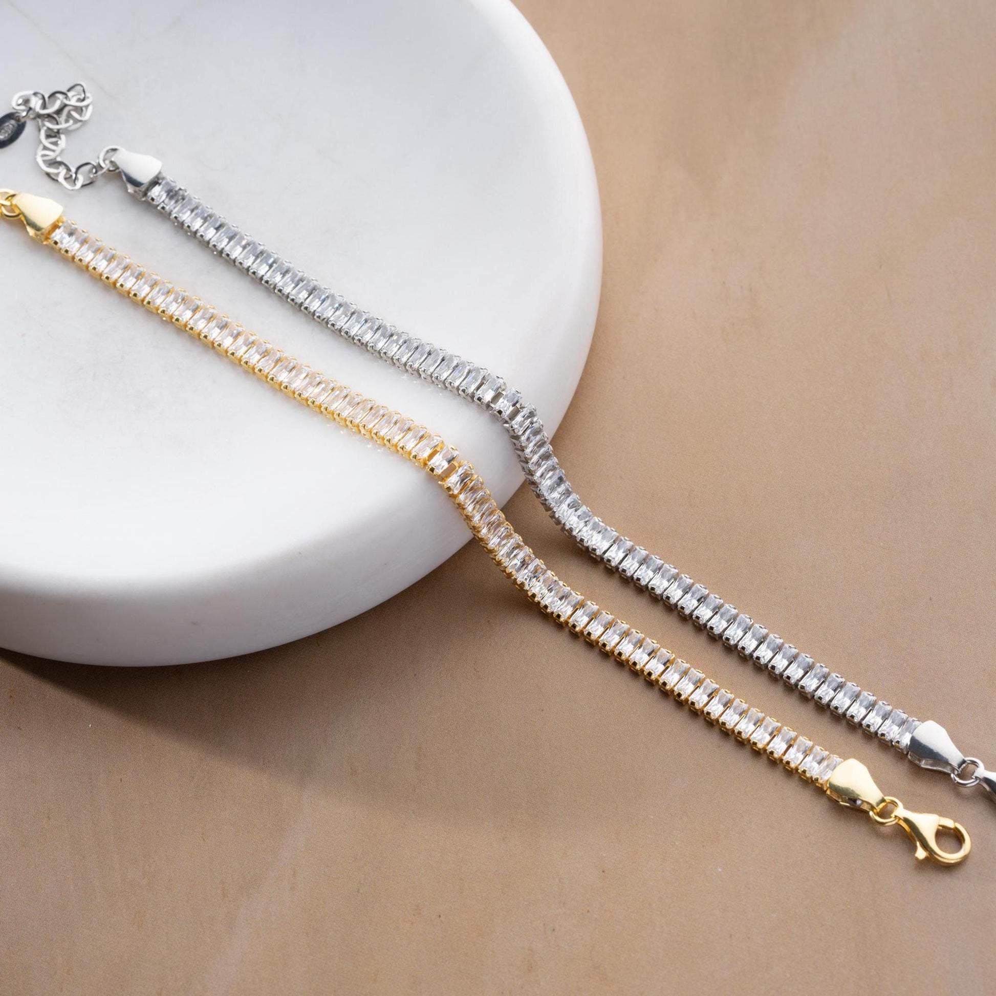 Emerald Cut Zircon Tennis Bracelet - Handmade 925 Sterling Silver Gold Plated - Elegant Jewelry for Women - Gift for Her