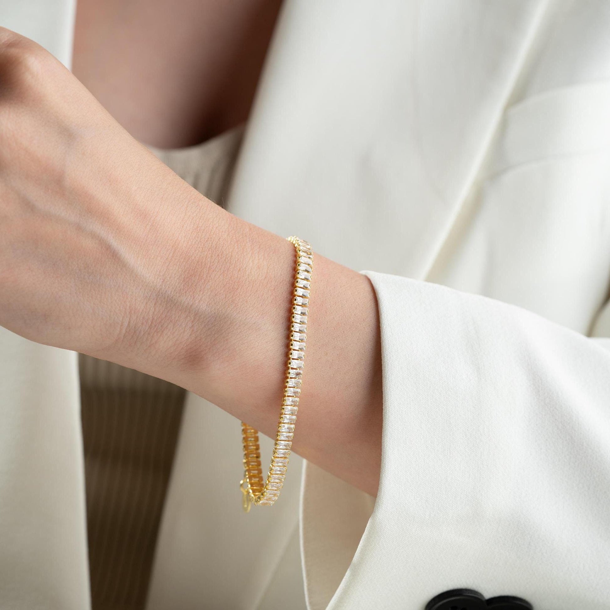 Emerald Cut Zircon Tennis Bracelet - Handmade 925 Sterling Silver Gold Plated - Elegant Jewelry for Women - Gift for Her