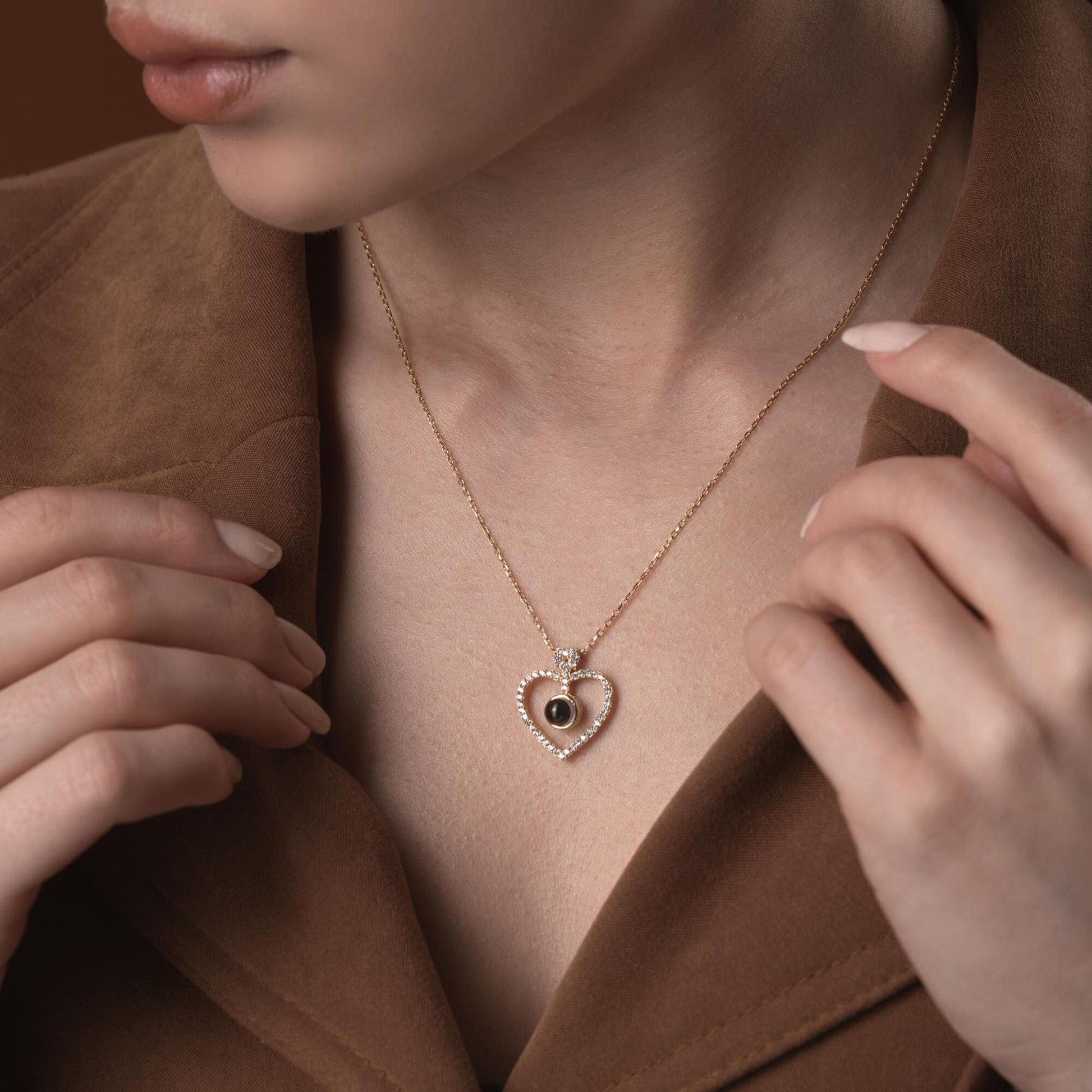 Projection Heart Necklace - 100 Languages I Love You Jewelry - Handmade 925 Sterling Silver Gold Plated - Romantic Light Gift for Her