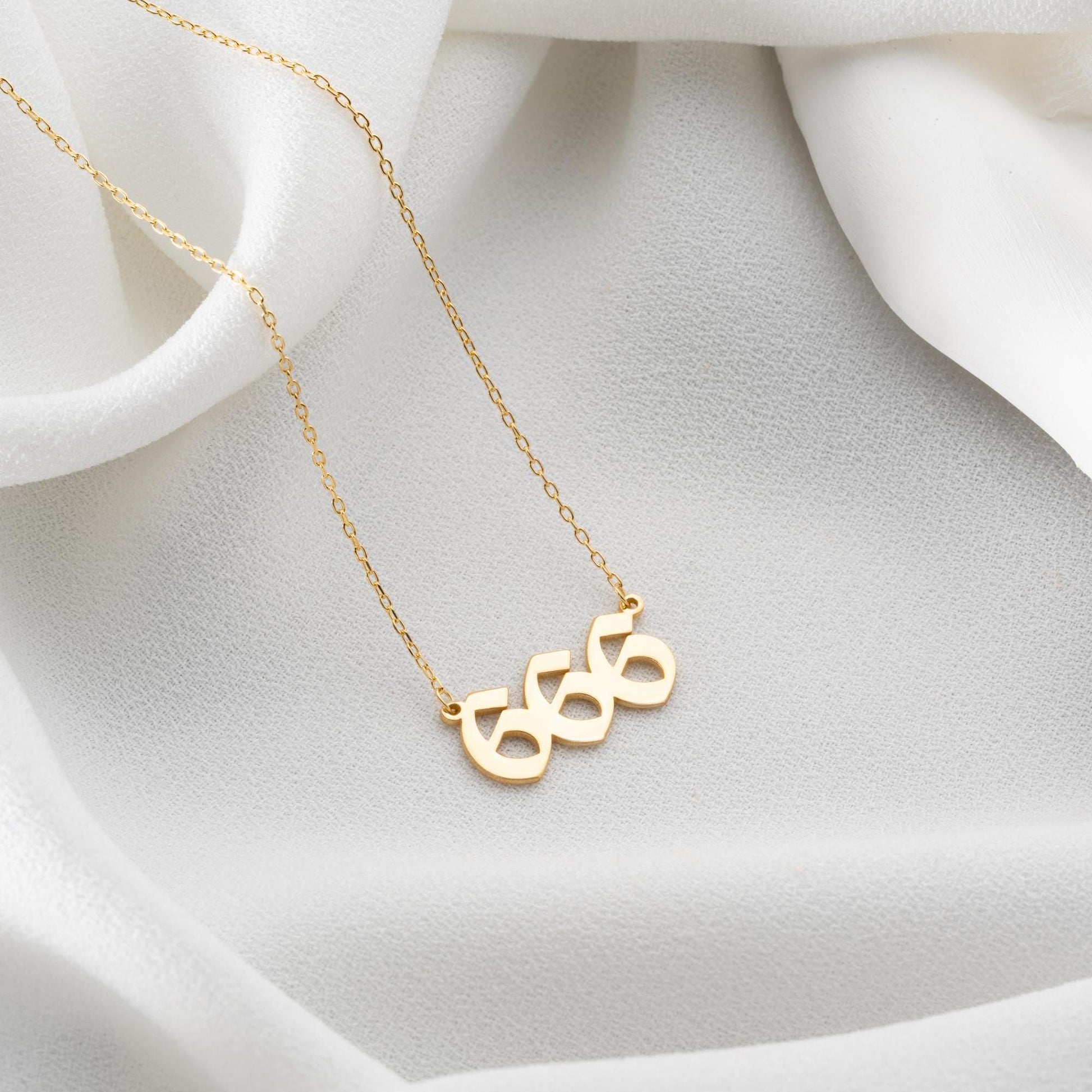 Angel number necklaces featuring numbers 111 to 999, crafted in 925 Sterling Silver with 14K Gold Plated options, ideal for spiritual and lucky gifting.
