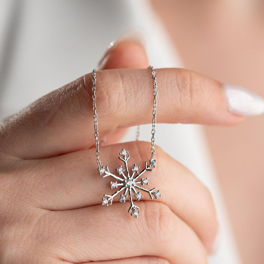 Snowflake necklace with cubic zirconia stones, perfect for Christmas, available in 925 sterling silver and 14K gold plated options.