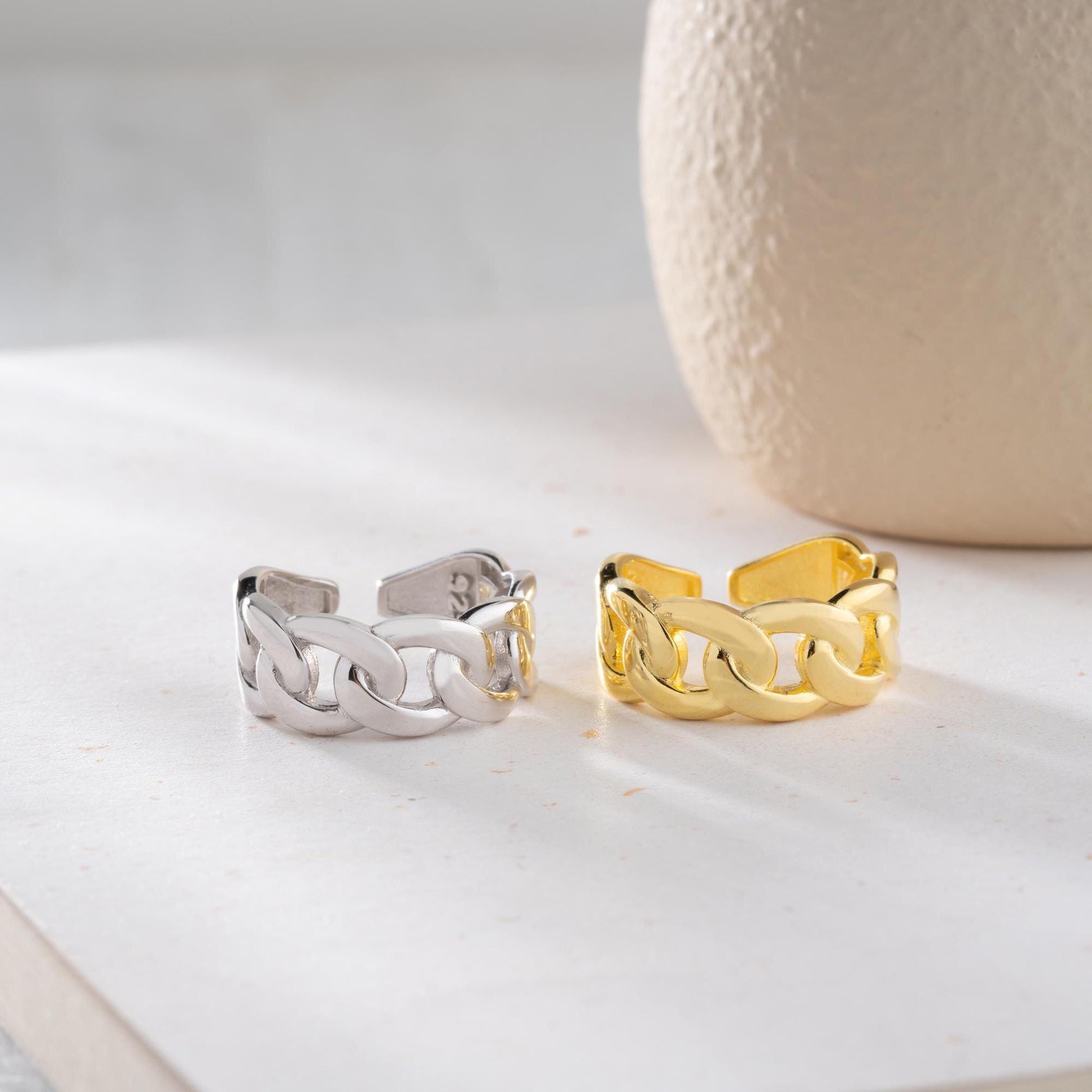 Chunky chain link open ring crafted from 925 sterling silver, available in gold plated and silver finishes. Adjustable design for a perfect fit.